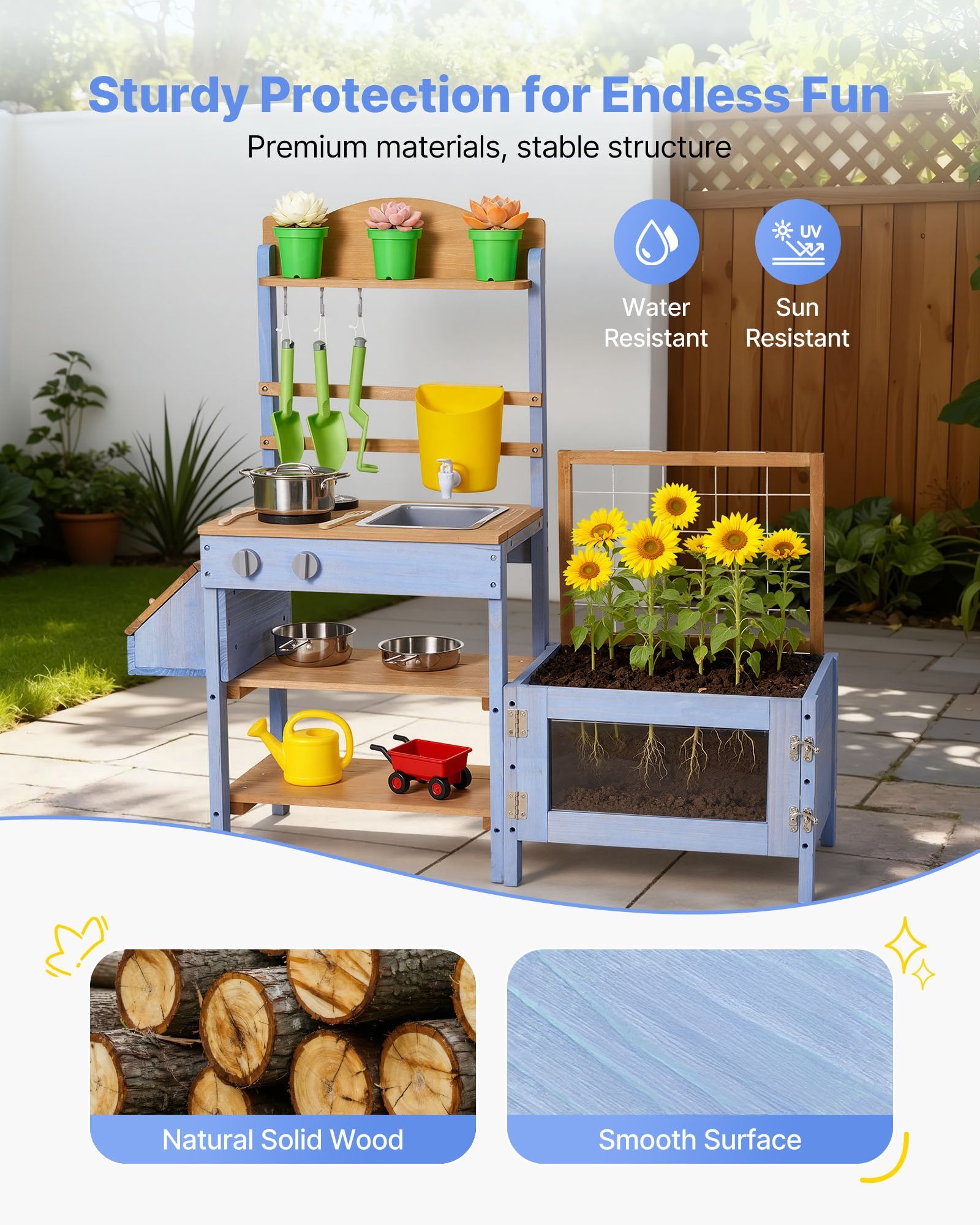 Explore Nature with Kids’ Outdoor Wooden Mud Kitchen - Includes Planting Box, Critter Catcher, Sink, Cookware & Lawn Play Accessories