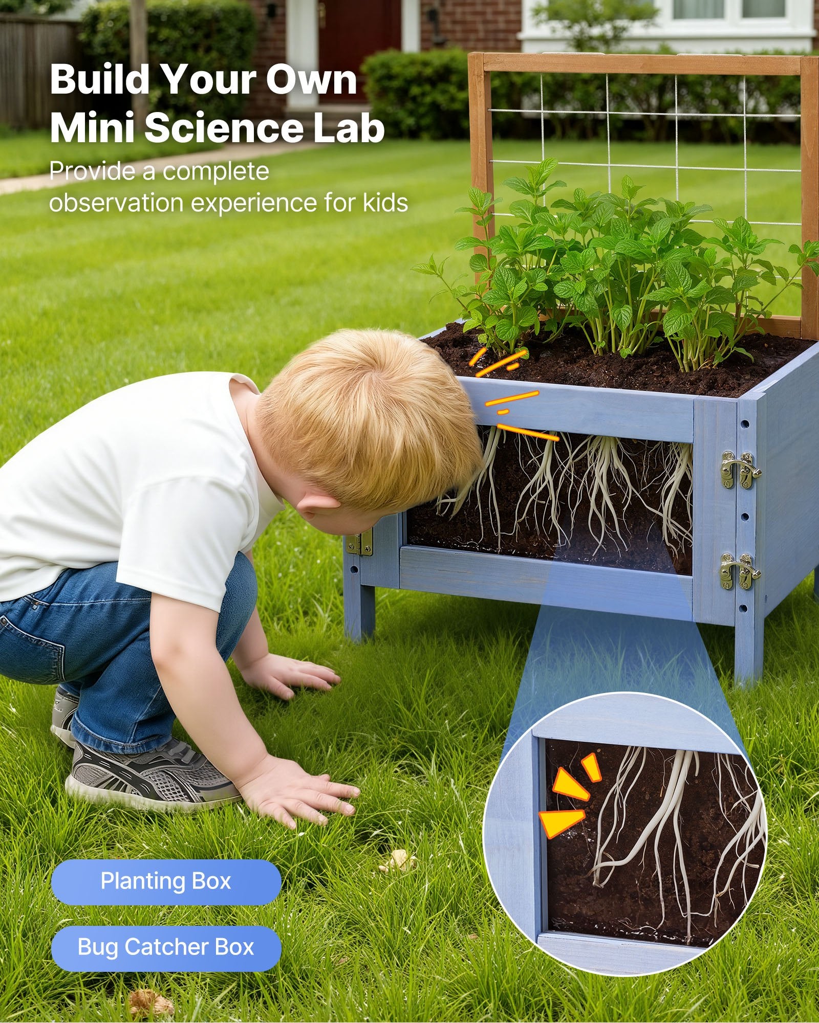 Explore Nature with Kids’ Outdoor Wooden Mud Kitchen - Includes Planting Box, Critter Catcher, Sink, Cookware & Lawn Play Accessories