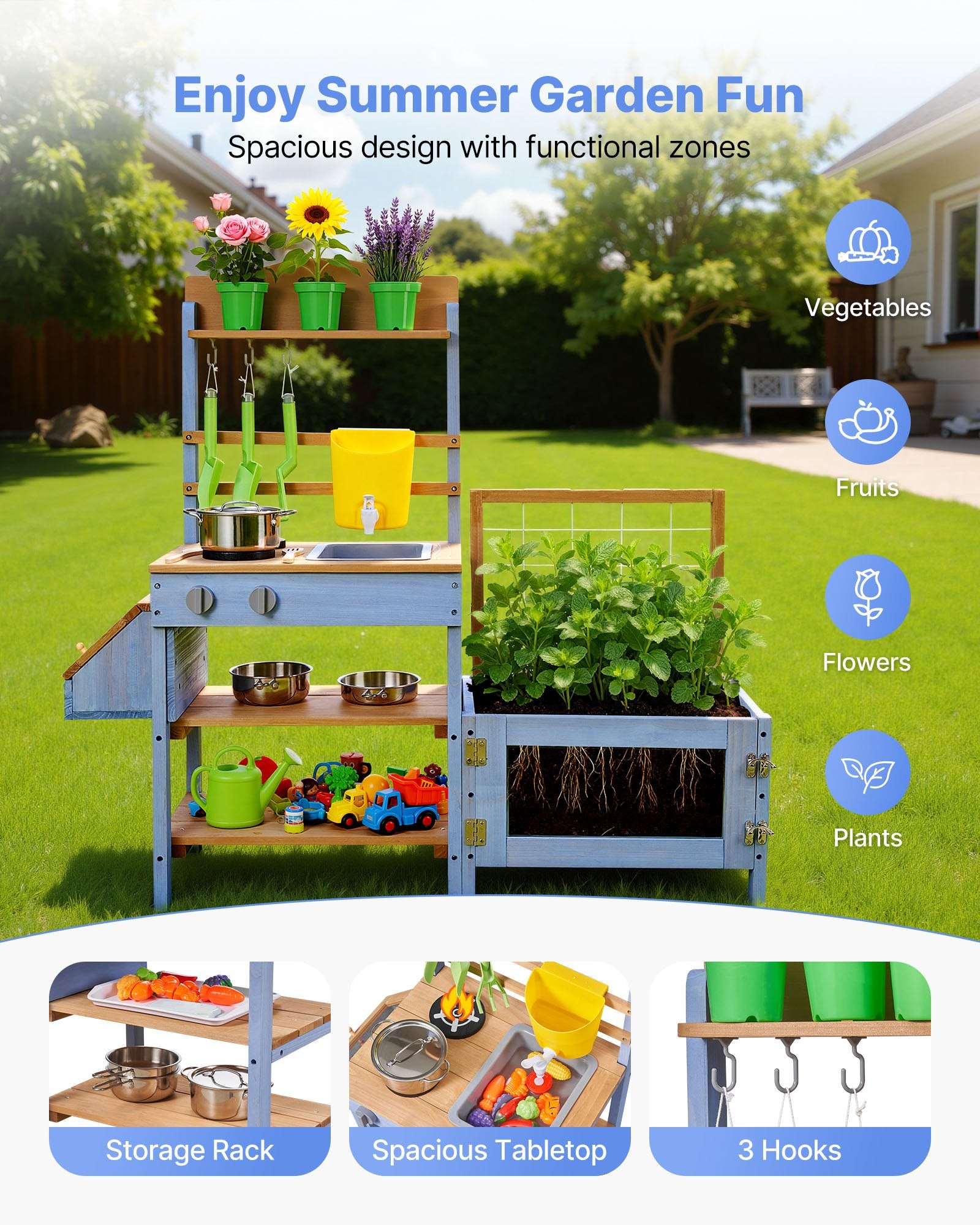 Explore Nature with Kids’ Outdoor Wooden Mud Kitchen - Includes Planting Box, Critter Catcher, Sink, Cookware & Lawn Play Accessories