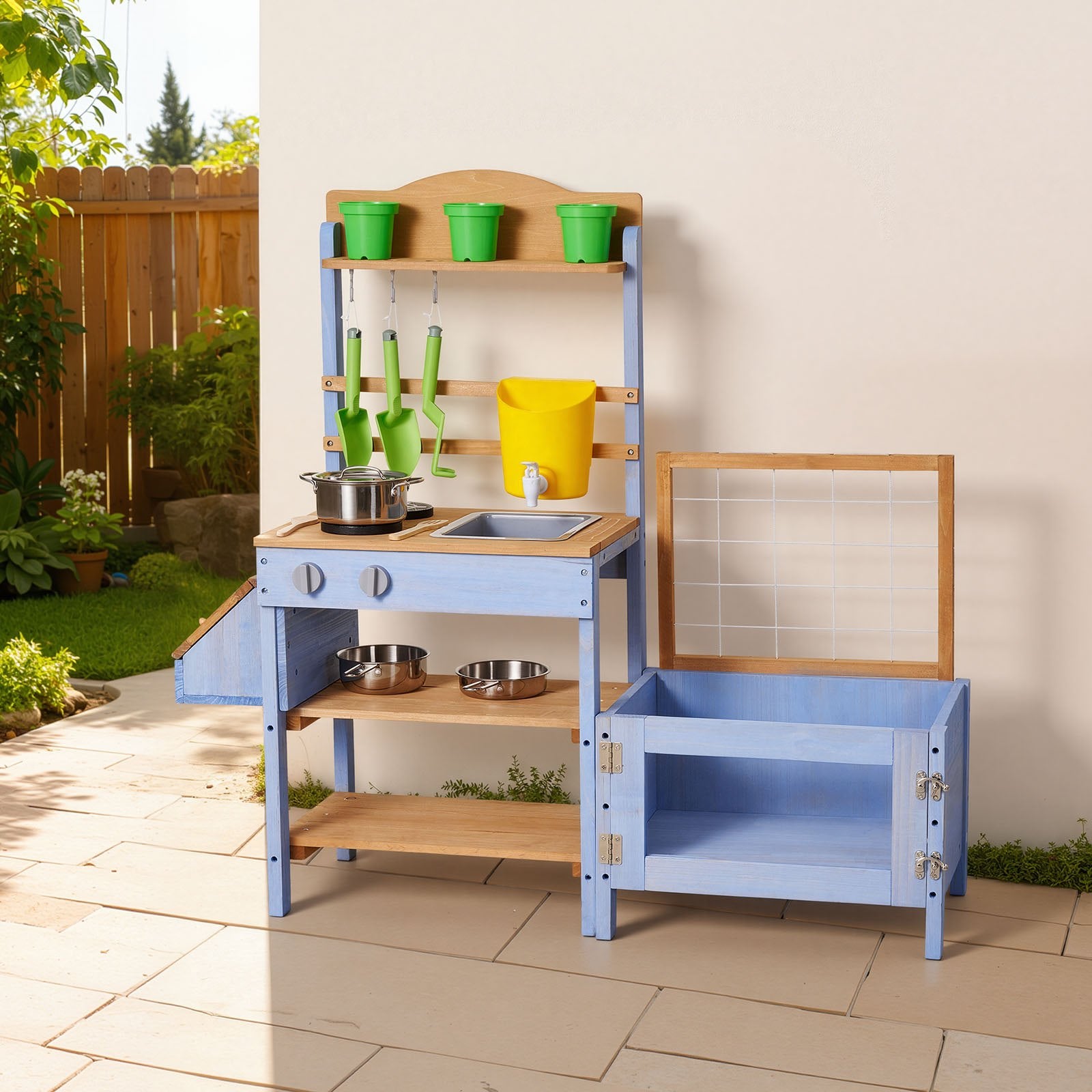 Explore Nature with Kids’ Outdoor Wooden Mud Kitchen - Includes Planting Box, Critter Catcher, Sink, Cookware & Lawn Play Accessories