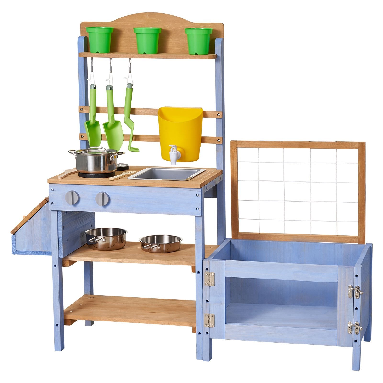 Explore Nature with Kids’ Outdoor Wooden Mud Kitchen - Includes Planting Box, Critter Catcher, Sink, Cookware & Lawn Play Accessories