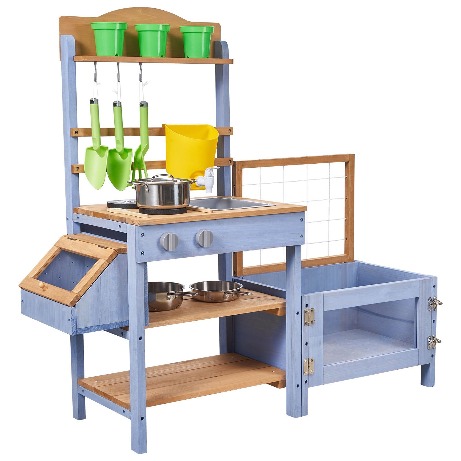 Explore Nature with Kids’ Outdoor Wooden Mud Kitchen - Includes Planting Box, Critter Catcher, Sink, Cookware & Lawn Play Accessories