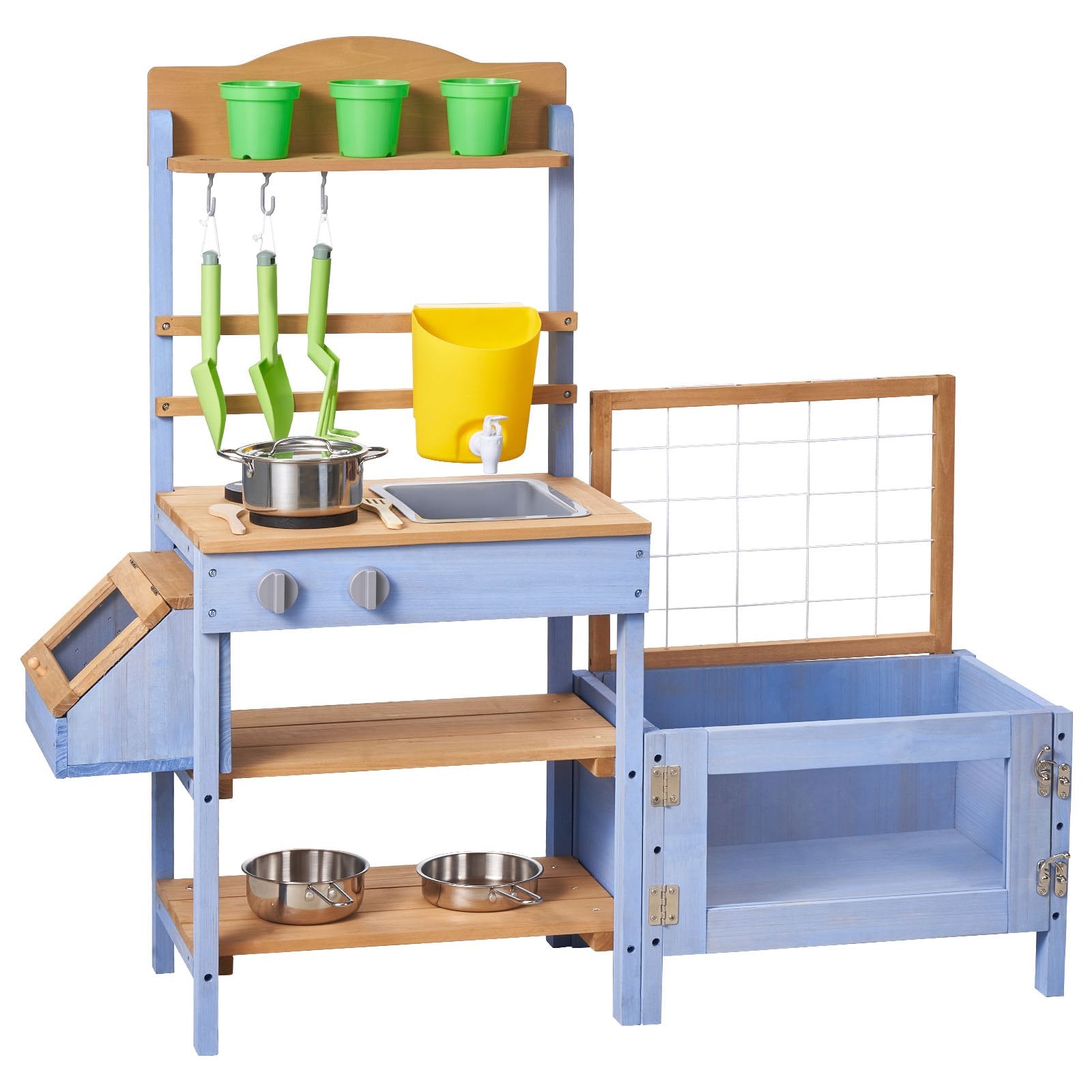 Explore Nature with Kids’ Outdoor Wooden Mud Kitchen - Includes Planting Box, Critter Catcher, Sink, Cookware & Lawn Play Accessories