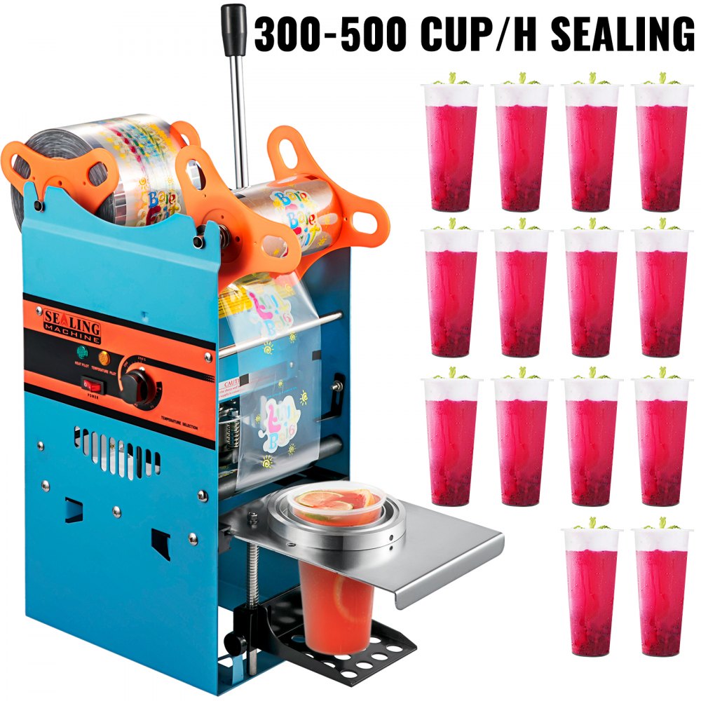 Manual Bubble Tea Sealing Machine with Heating for 90/95mm Cups, 300-500 Cups per Hour Capacity in Blue