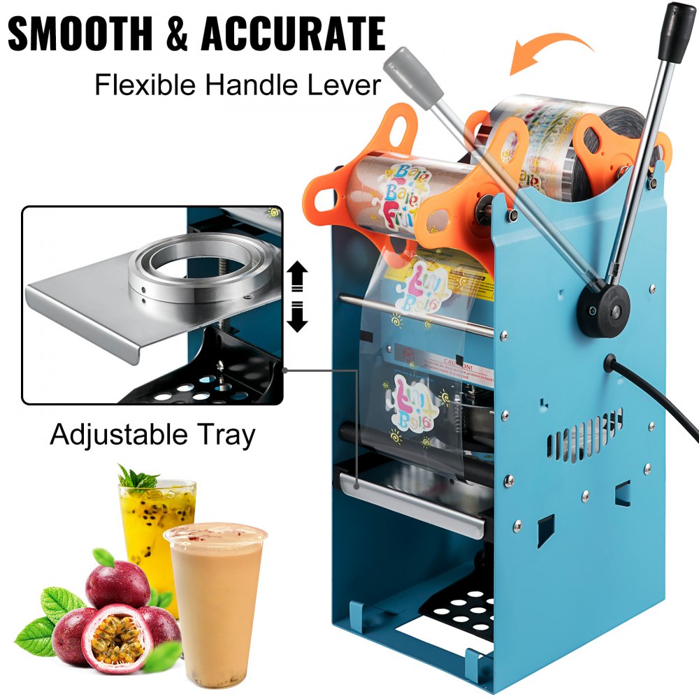 Manual Bubble Tea Sealing Machine with Heating for 90/95mm Cups, 300-500 Cups per Hour Capacity in Blue