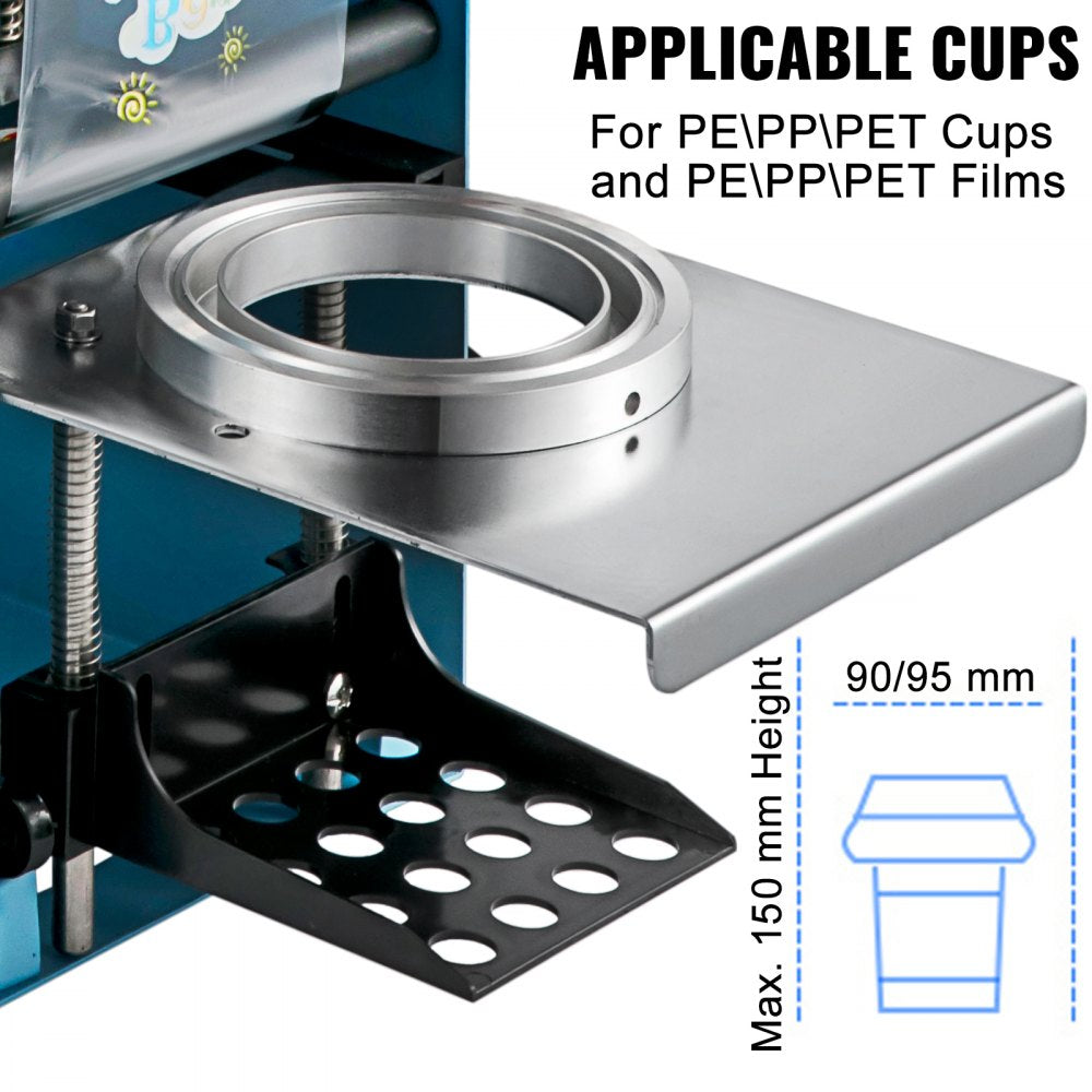 Manual Bubble Tea Sealing Machine with Heating for 90/95mm Cups, 300-500 Cups per Hour Capacity in Blue