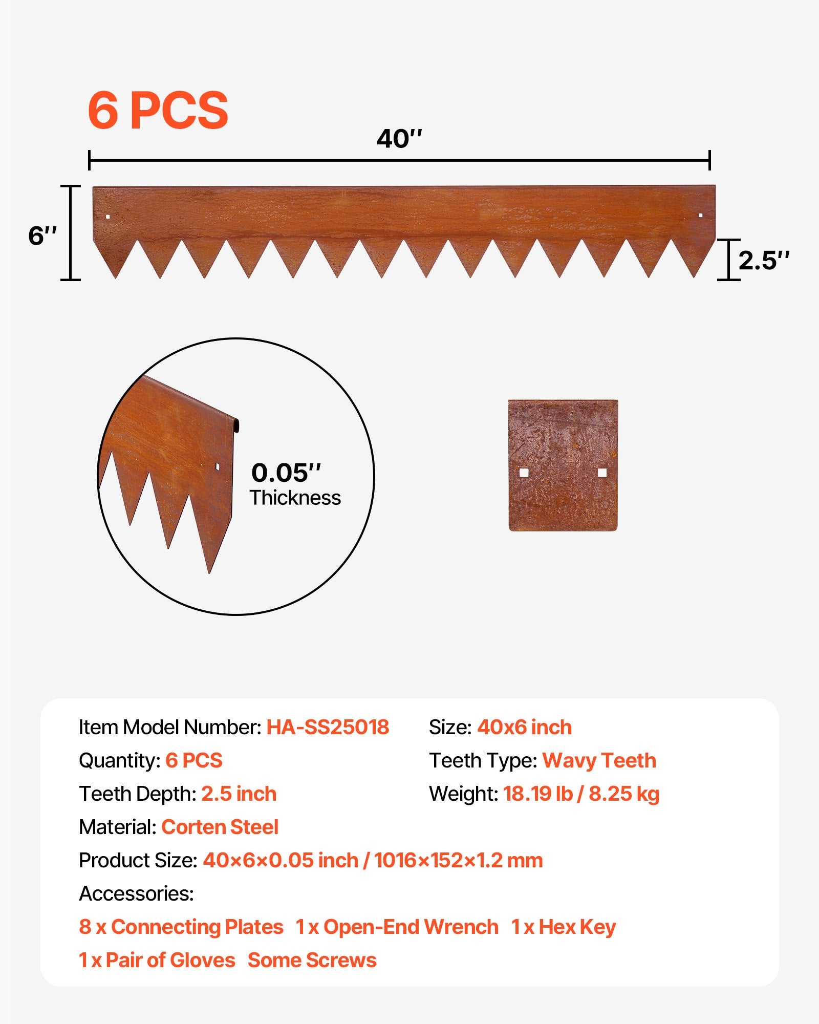 Versatile Corten Steel Garden Edging Kit, 6-Pack 40x6 Inch - Durable, Bendable Metal Border for Flower Beds, Pathways, Easy Installation