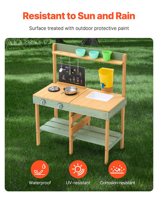 Outdoor Wooden Mud Kitchen Playset for Kids - Pretend Grocery Store with Planter, Stove, Faucet & Accessories for Endless Fun