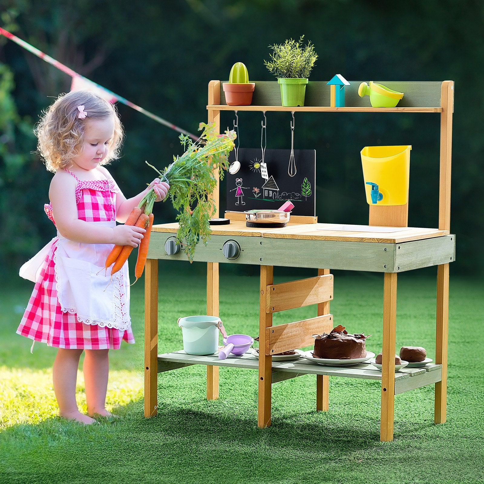 Outdoor Wooden Mud Kitchen Playset for Kids - Pretend Grocery Store with Planter, Stove, Faucet & Accessories for Endless Fun