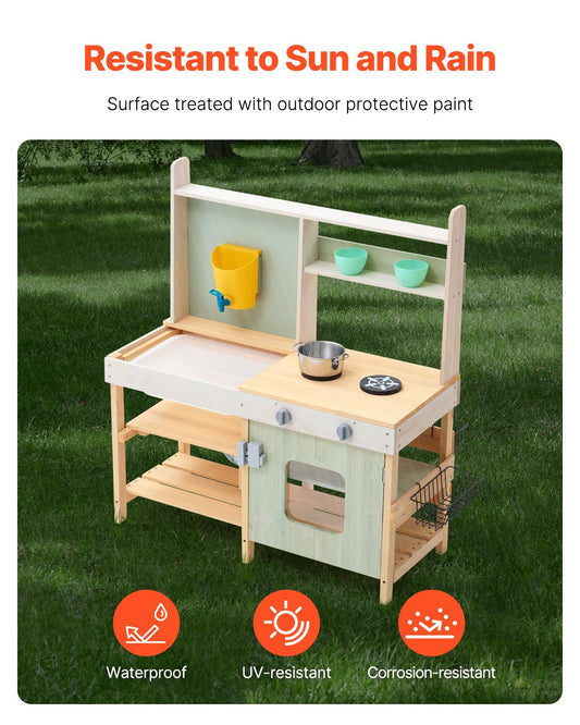 Rustic Cedar Wood Mud Kitchen Playset for Kids - Outdoor Pretend Play with Stove, Faucet, Storage, Metal Baskets & Cookware
