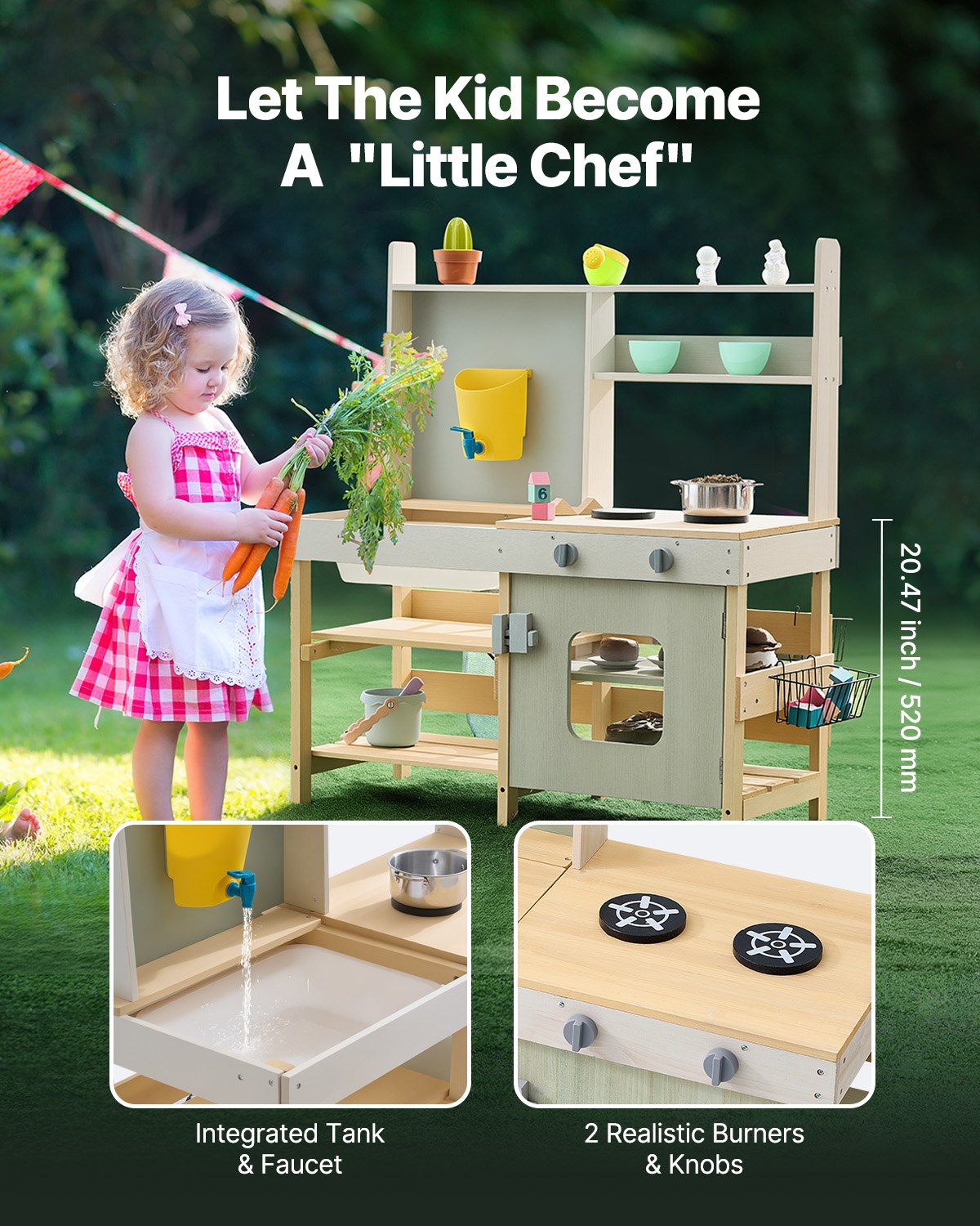 Rustic Cedar Wood Mud Kitchen Playset for Kids - Outdoor Pretend Play with Stove, Faucet, Storage, Metal Baskets & Cookware