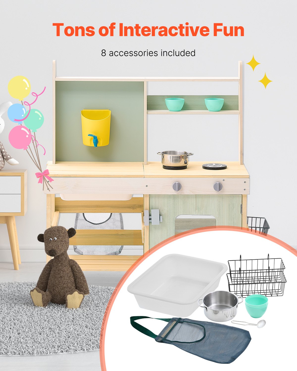 Rustic Cedar Wood Mud Kitchen Playset for Kids - Outdoor Pretend Play with Stove, Faucet, Storage, Metal Baskets & Cookware