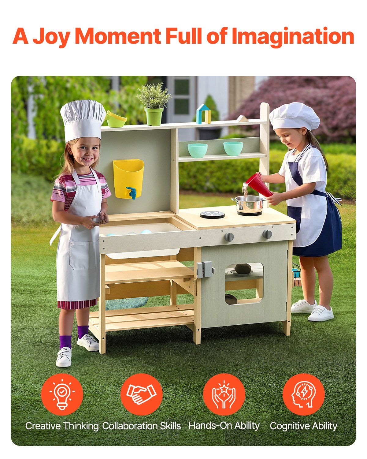 Rustic Cedar Wood Mud Kitchen Playset for Kids - Outdoor Pretend Play with Stove, Faucet, Storage, Metal Baskets & Cookware