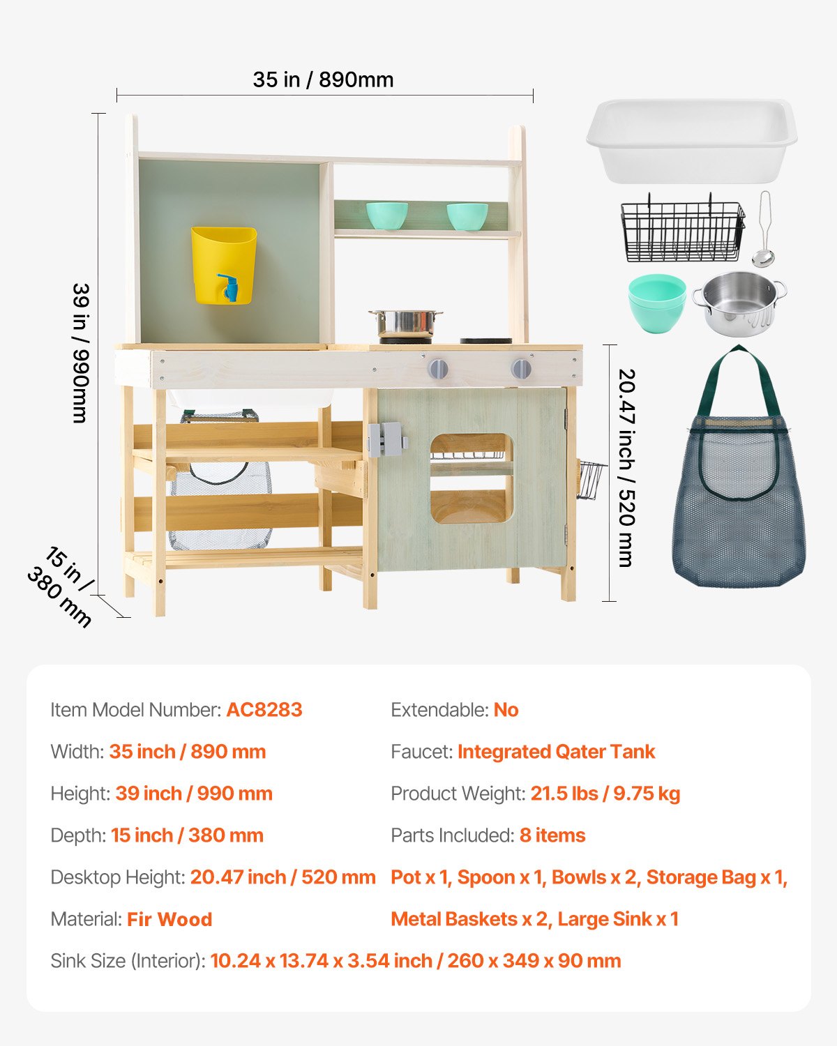 Rustic Cedar Wood Mud Kitchen Playset for Kids - Outdoor Pretend Play with Stove, Faucet, Storage, Metal Baskets & Cookware