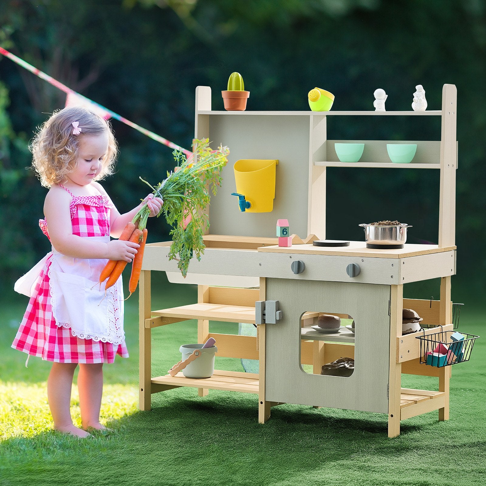 Rustic Cedar Wood Mud Kitchen Playset for Kids - Outdoor Pretend Play with Stove, Faucet, Storage, Metal Baskets & Cookware
