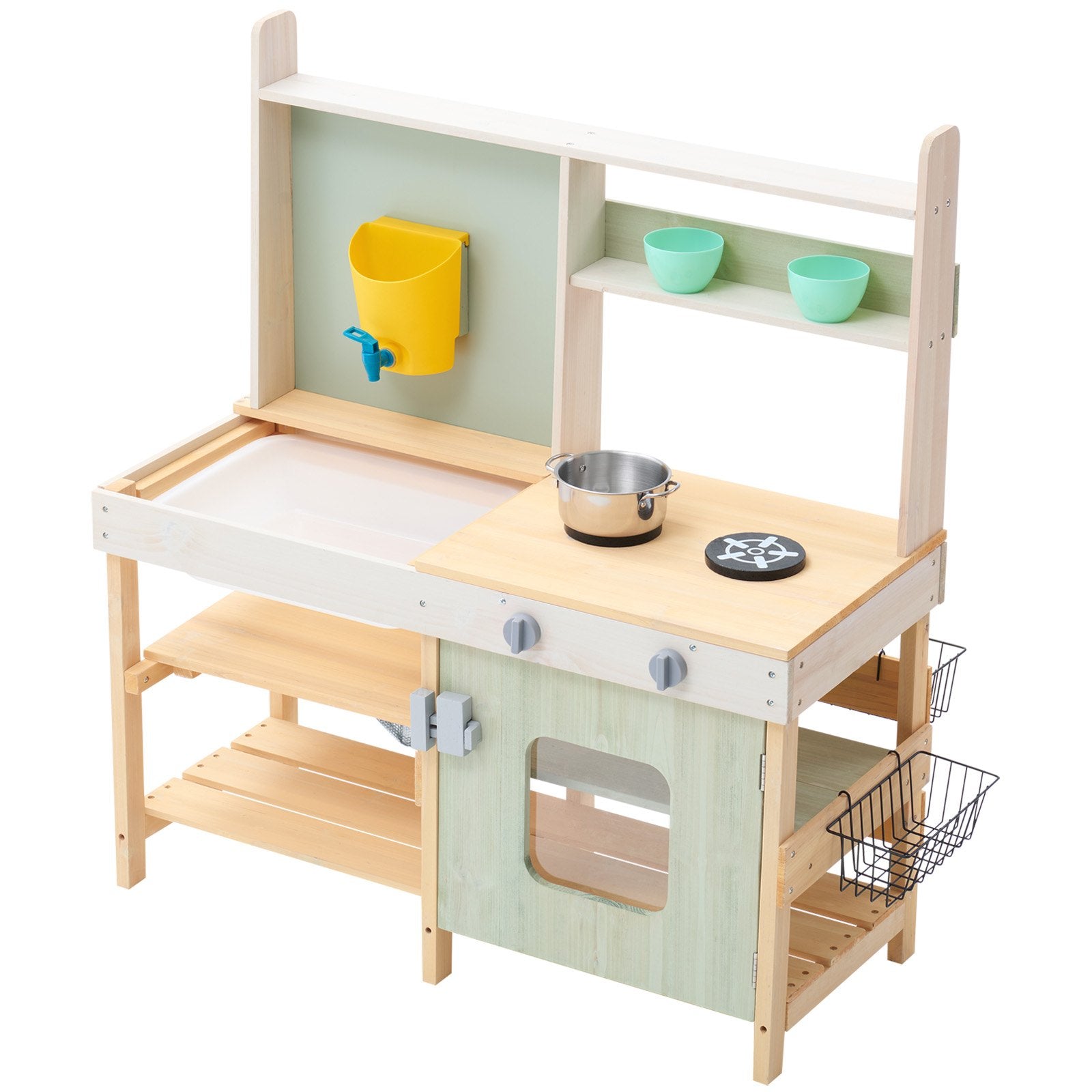 Rustic Cedar Wood Mud Kitchen Playset for Kids - Outdoor Pretend Play with Stove, Faucet, Storage, Metal Baskets & Cookware