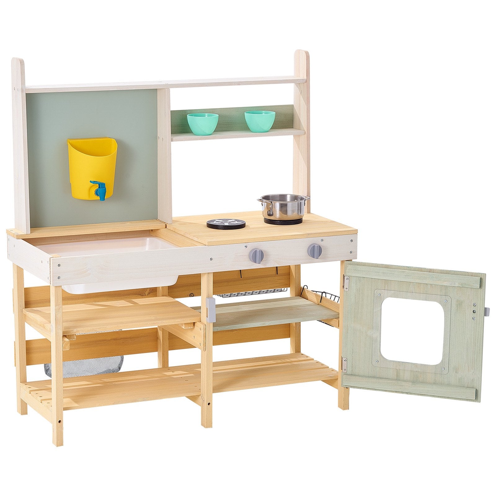 Rustic Cedar Wood Mud Kitchen Playset for Kids - Outdoor Pretend Play with Stove, Faucet, Storage, Metal Baskets & Cookware