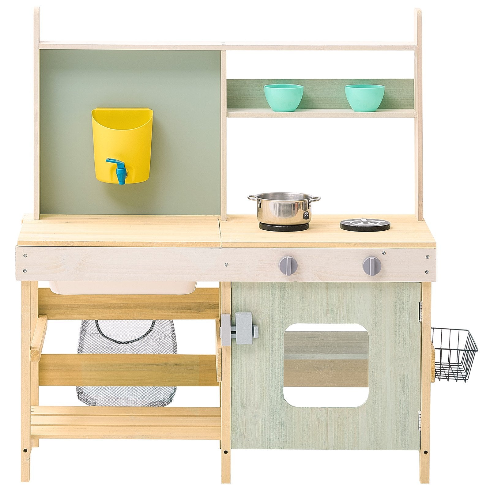 Rustic Cedar Wood Mud Kitchen Playset for Kids - Outdoor Pretend Play with Stove, Faucet, Storage, Metal Baskets & Cookware