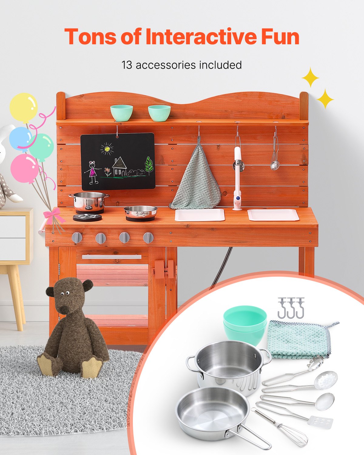 Wooden Mud Kitchen Playset for Kids - Outdoor Cedar Toy with Stoves, Sink, Blackboard & Accessories for Pretend Grocery Store Fun