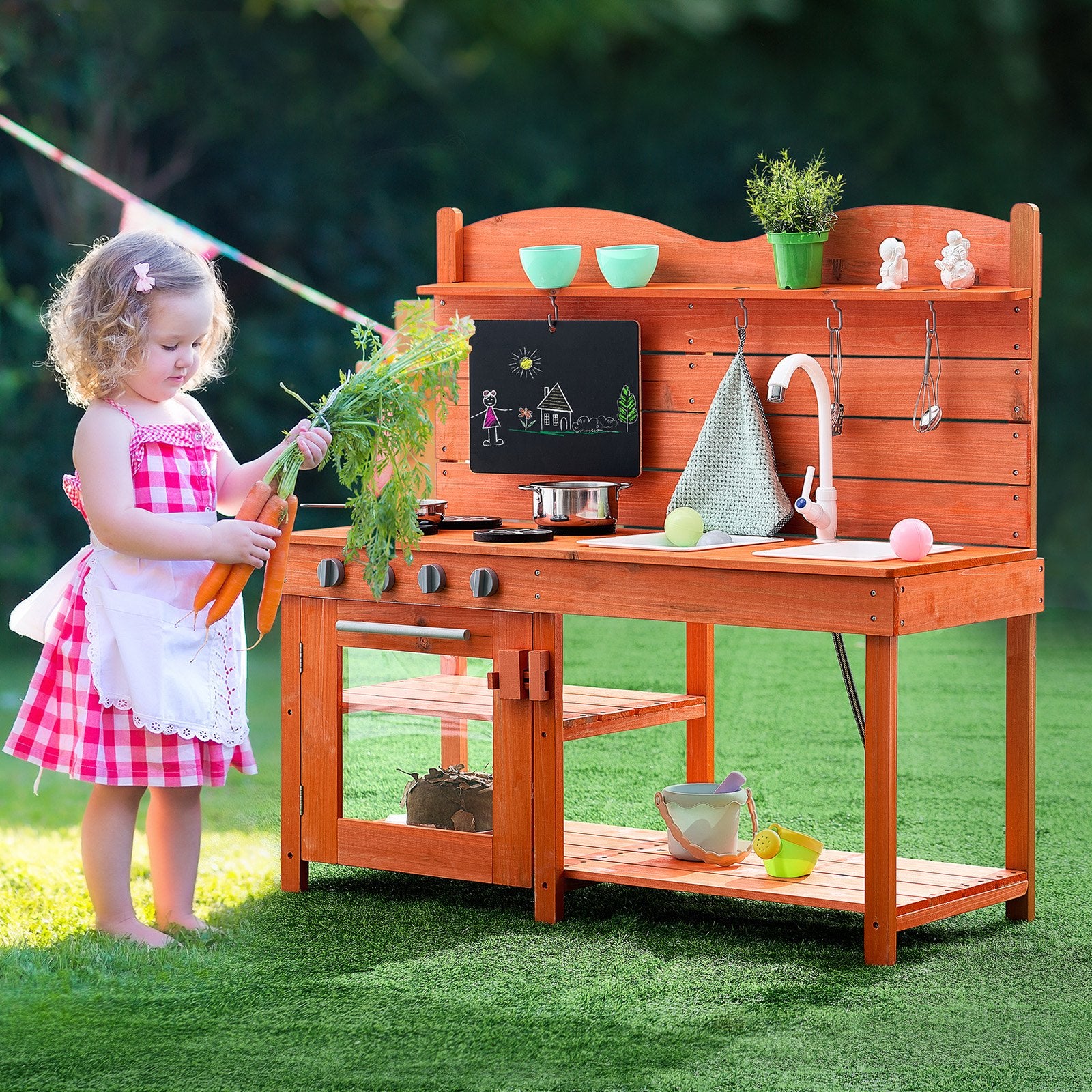 Wooden Mud Kitchen Playset for Kids - Outdoor Cedar Toy with Stoves, Sink, Blackboard & Accessories for Pretend Grocery Store Fun