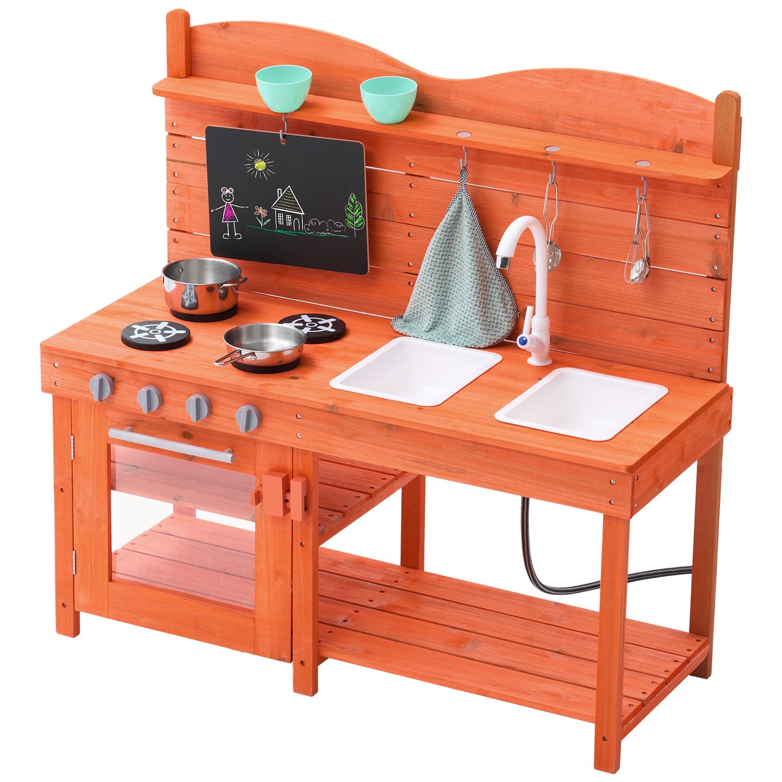 Wooden Mud Kitchen Playset for Kids - Outdoor Cedar Toy with Stoves, Sink, Blackboard & Accessories for Pretend Grocery Store Fun