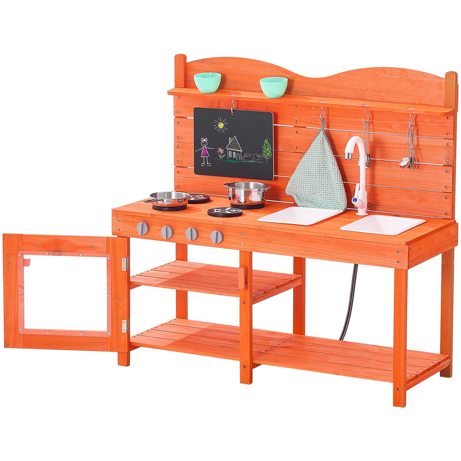Wooden Mud Kitchen Playset for Kids - Outdoor Cedar Toy with Stoves, Sink, Blackboard & Accessories for Pretend Grocery Store Fun