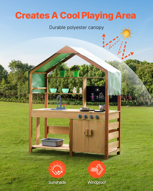 Outdoor Wooden Mud Kitchen Playset for Kids - Pretend Grocery Store with Stoves, Sink, Planter, Blackboard, and Cookware Accessories