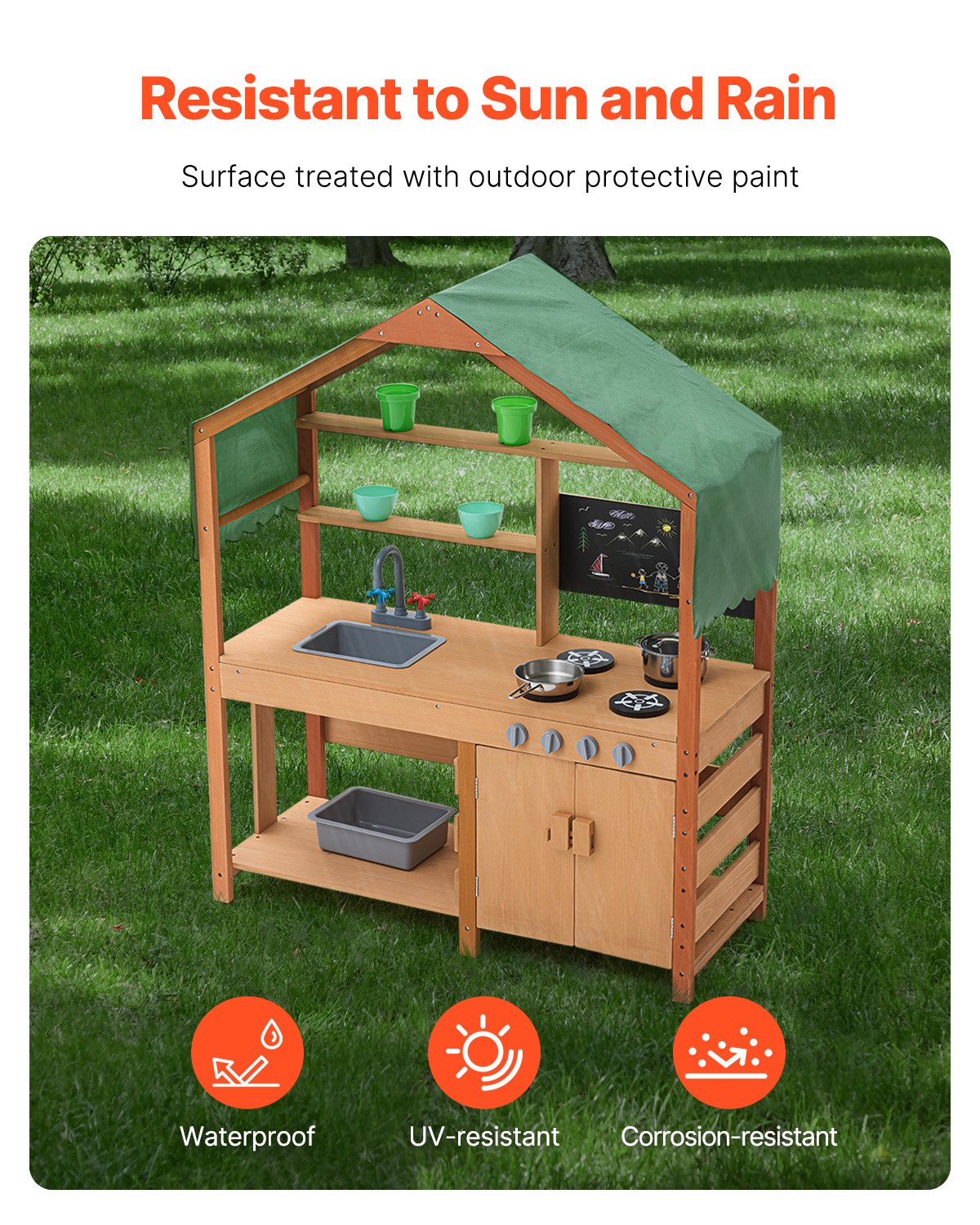 Outdoor Wooden Mud Kitchen Playset for Kids - Pretend Grocery Store with Stoves, Sink, Planter, Blackboard, and Cookware Accessories