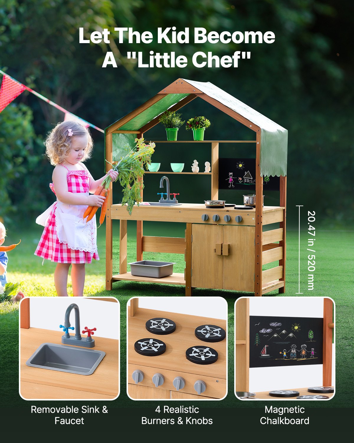 Outdoor Wooden Mud Kitchen Playset for Kids - Pretend Grocery Store with Stoves, Sink, Planter, Blackboard, and Cookware Accessories