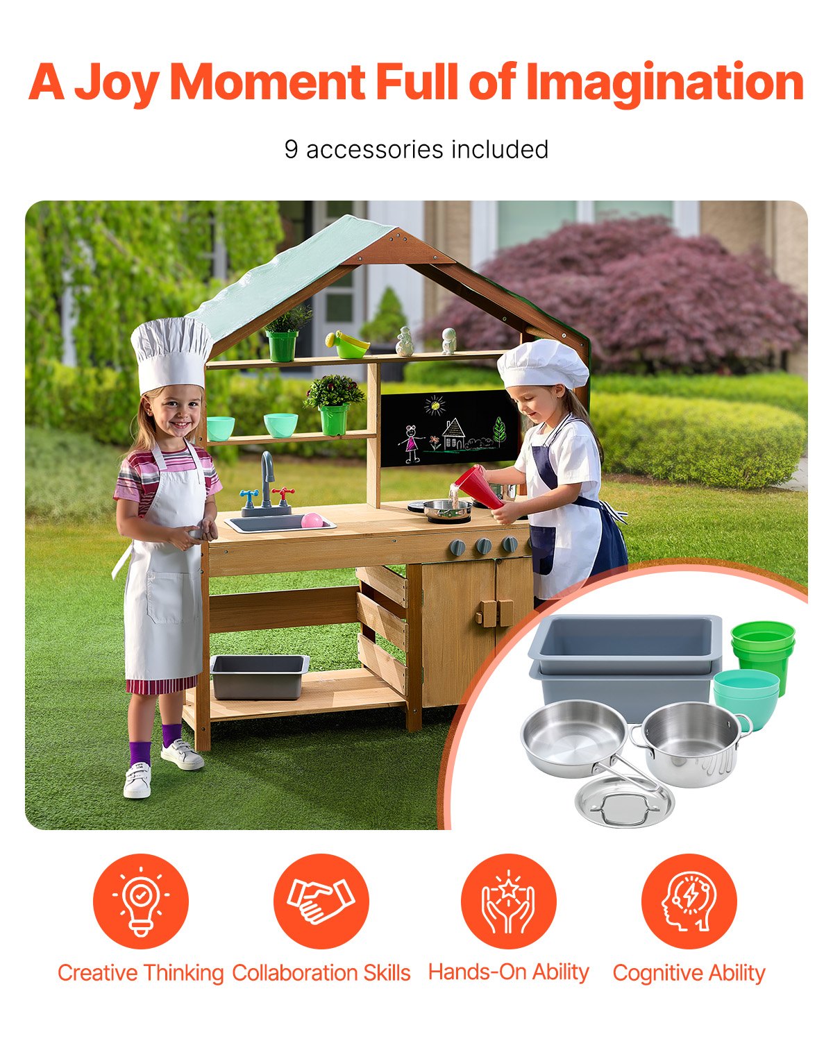 Outdoor Wooden Mud Kitchen Playset for Kids - Pretend Grocery Store with Stoves, Sink, Planter, Blackboard, and Cookware Accessories