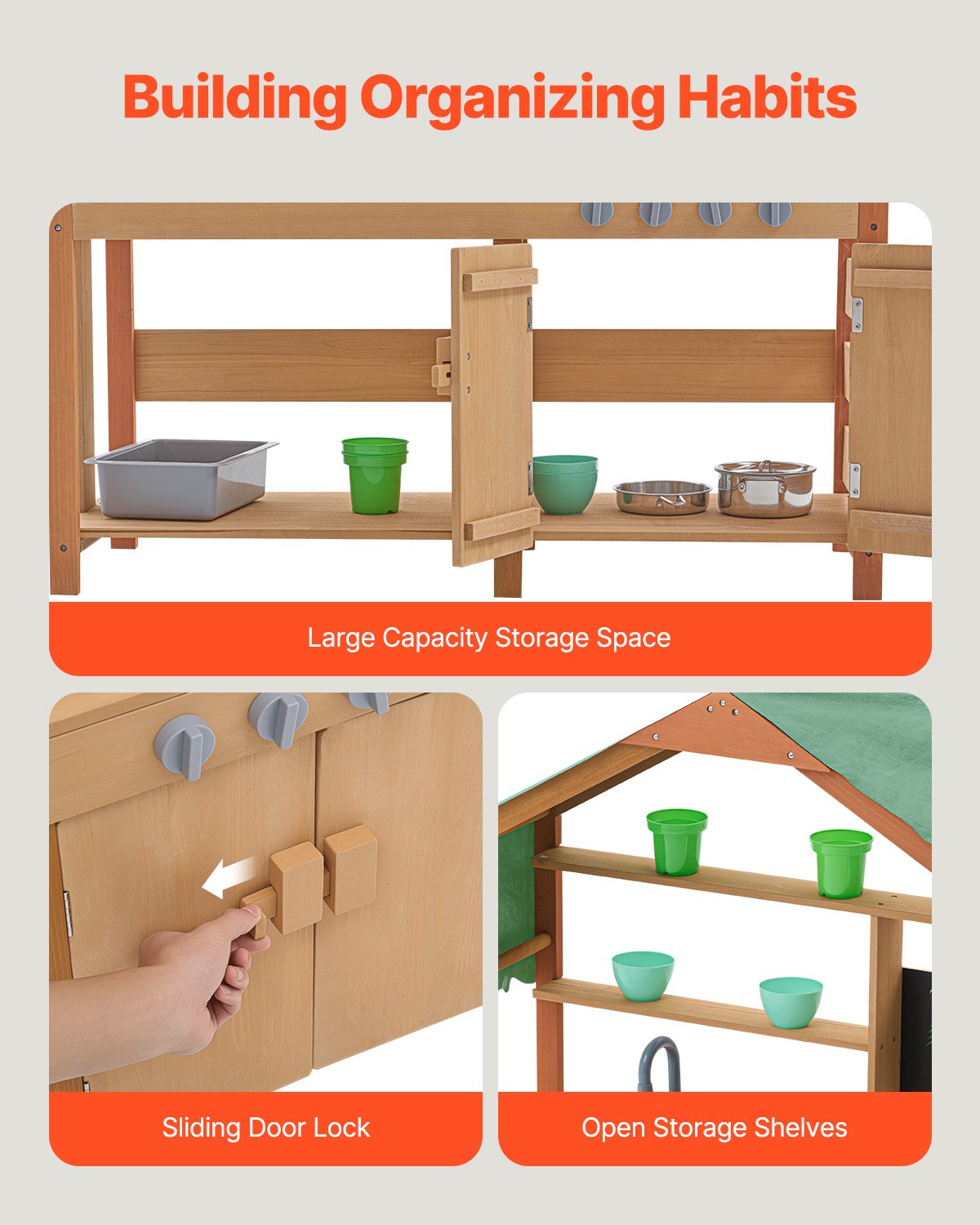 Outdoor Wooden Mud Kitchen Playset for Kids - Pretend Grocery Store with Stoves, Sink, Planter, Blackboard, and Cookware Accessories