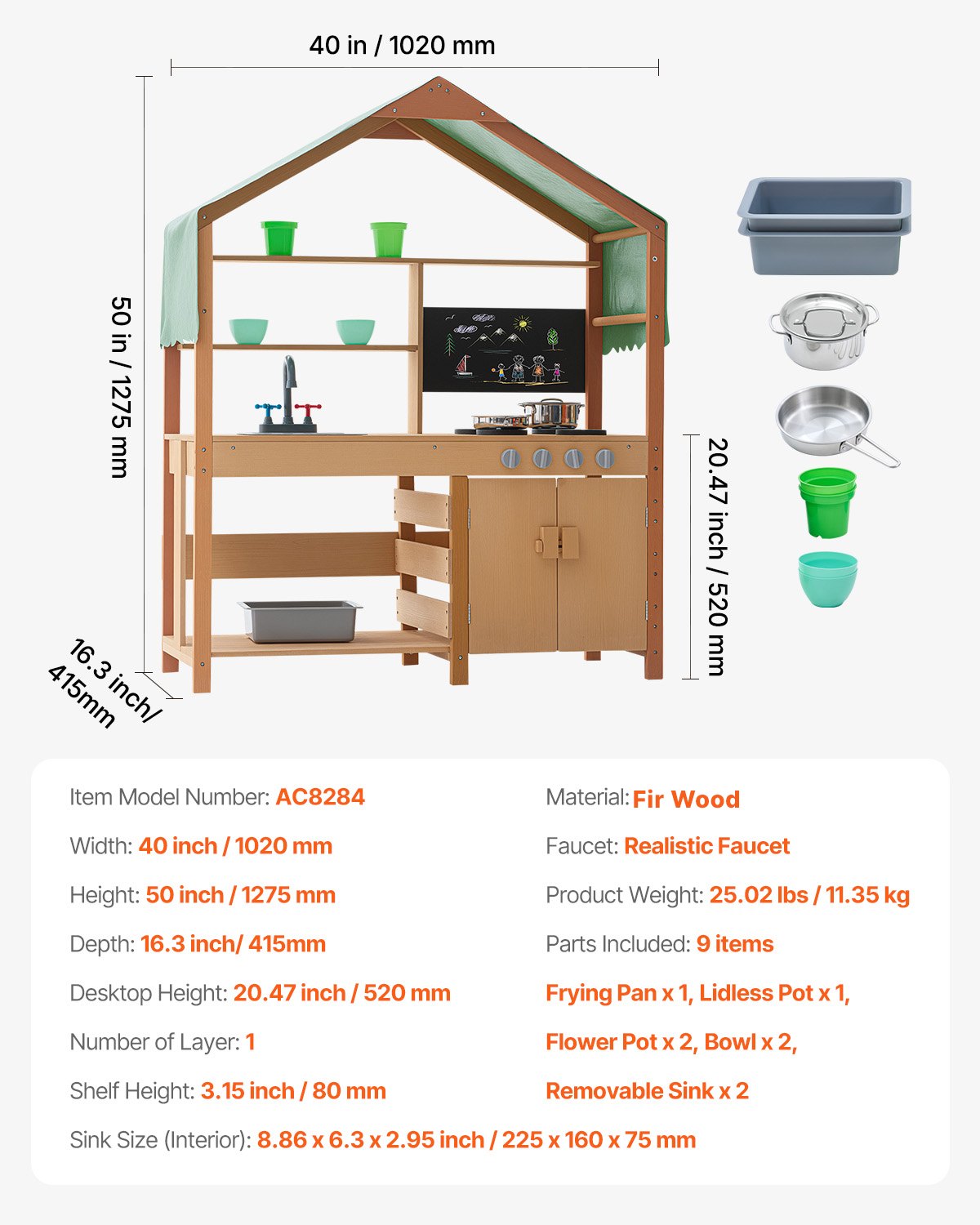 Outdoor Wooden Mud Kitchen Playset for Kids - Pretend Grocery Store with Stoves, Sink, Planter, Blackboard, and Cookware Accessories