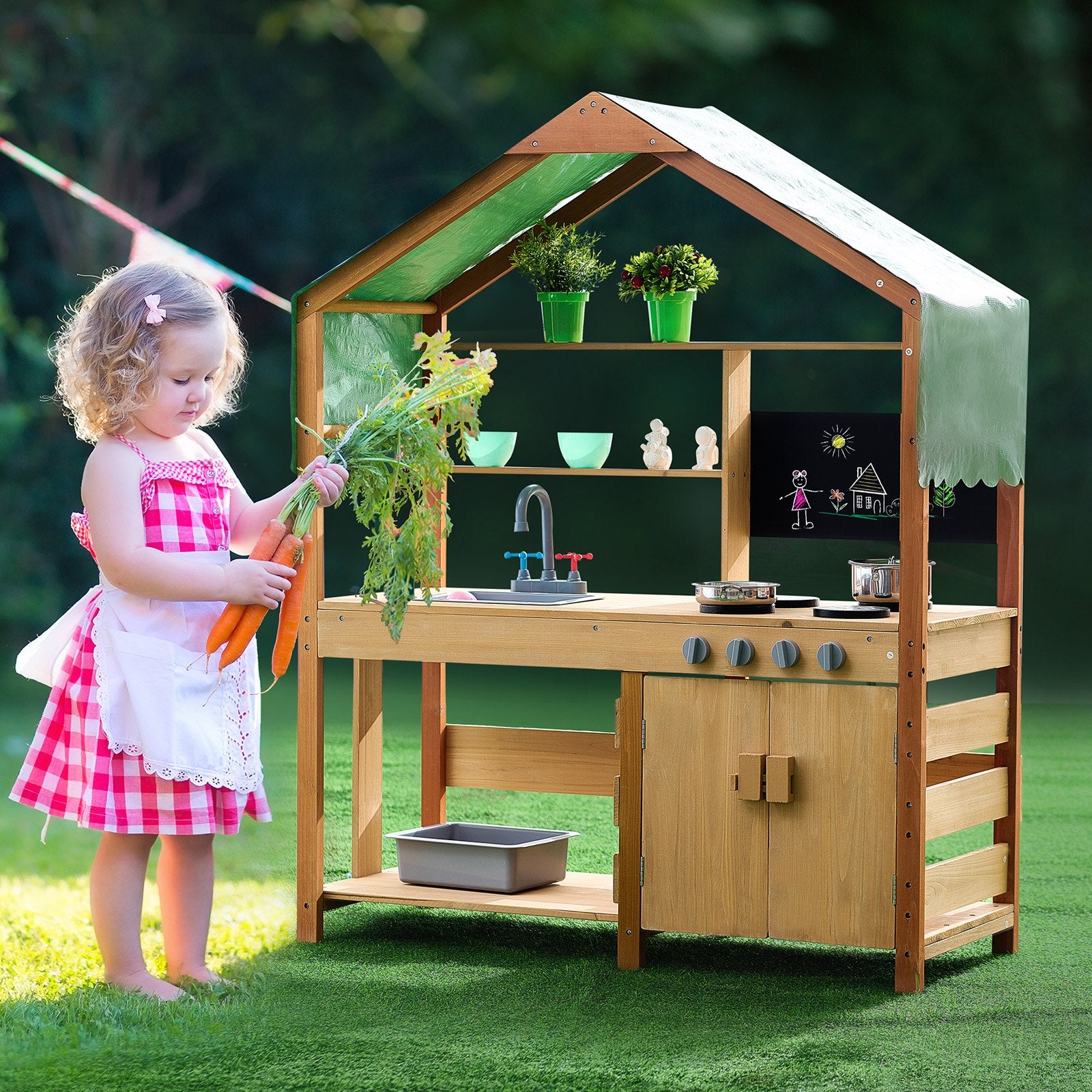 Outdoor Wooden Mud Kitchen Playset for Kids - Pretend Grocery Store with Stoves, Sink, Planter, Blackboard, and Cookware Accessories