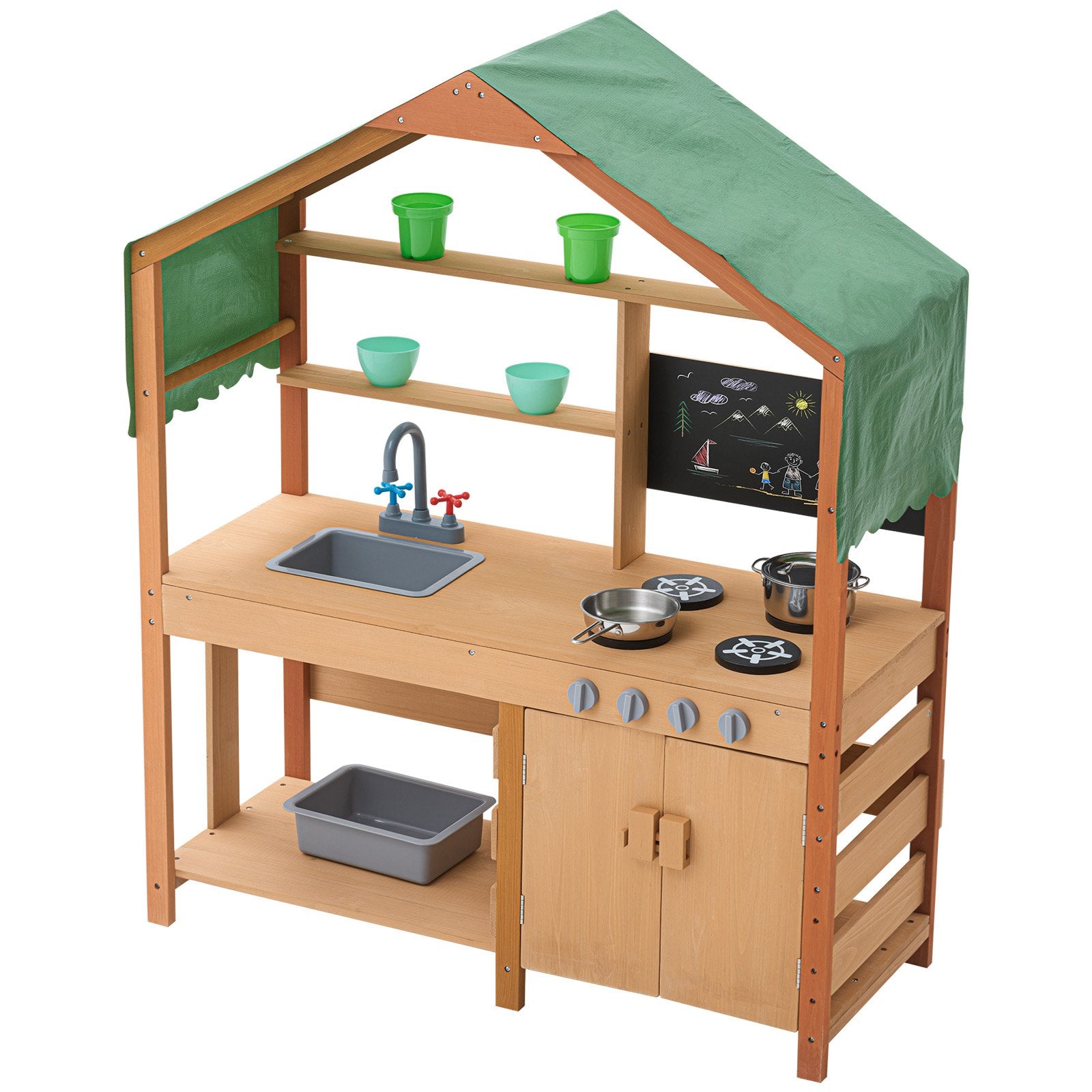 Outdoor Wooden Mud Kitchen Playset for Kids - Pretend Grocery Store with Stoves, Sink, Planter, Blackboard, and Cookware Accessories
