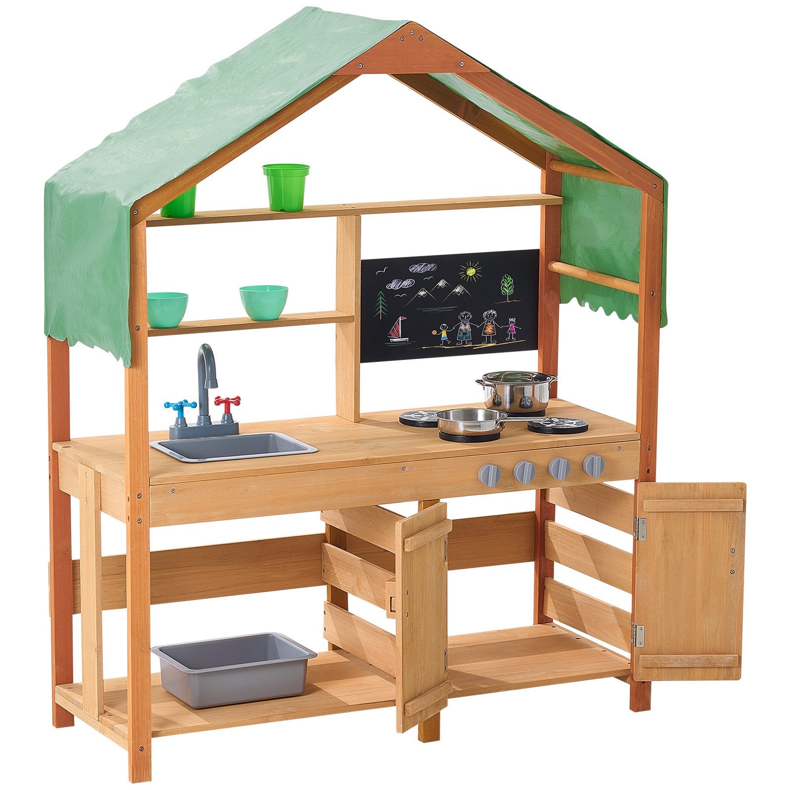 Outdoor Wooden Mud Kitchen Playset for Kids - Pretend Grocery Store with Stoves, Sink, Planter, Blackboard, and Cookware Accessories
