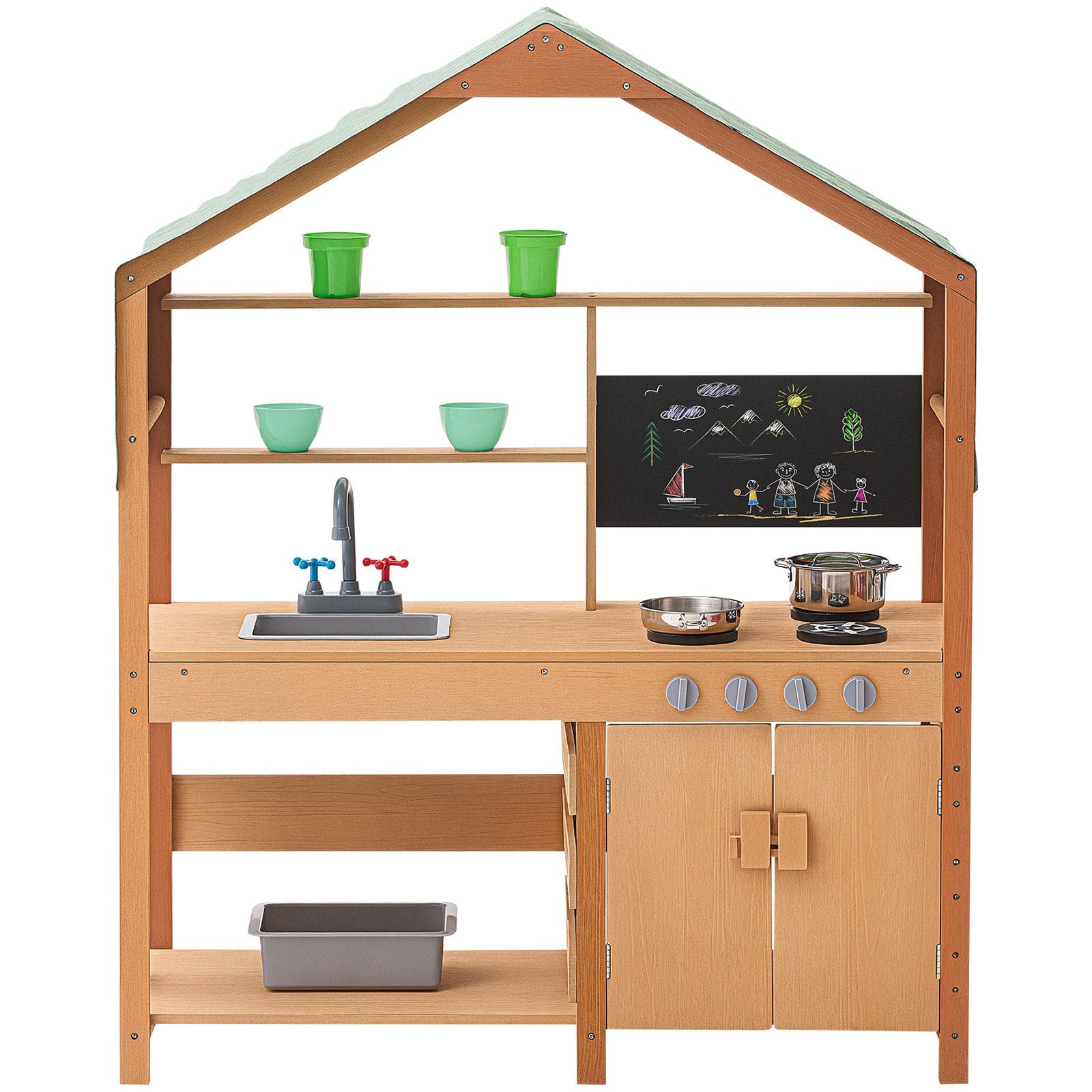 Outdoor Wooden Mud Kitchen Playset for Kids - Pretend Grocery Store with Stoves, Sink, Planter, Blackboard, and Cookware Accessories
