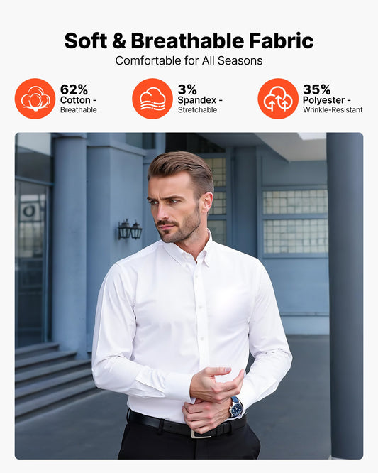 Men's Slim Fit Long Sleeve Shirt – Wrinkle-Free Stretch Button Down for Business, Formal Events, Weddings, and Casual Dinners in White