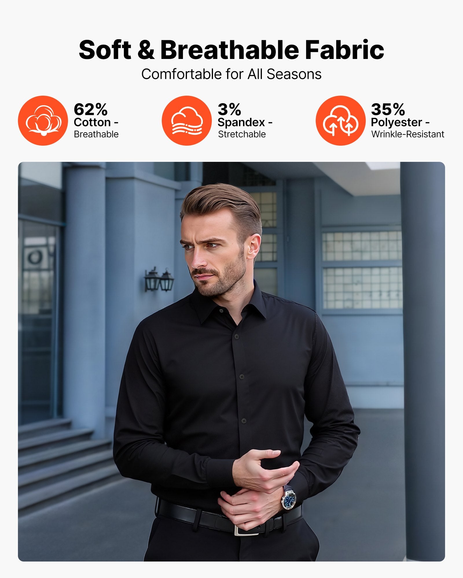 Men's Black Slim Fit Button-Up Shirt - Long Sleeve, Wrinkle-Free, Soft Stretch Fabric for Business, Formal, Wedding, Dinner, Versatile Style