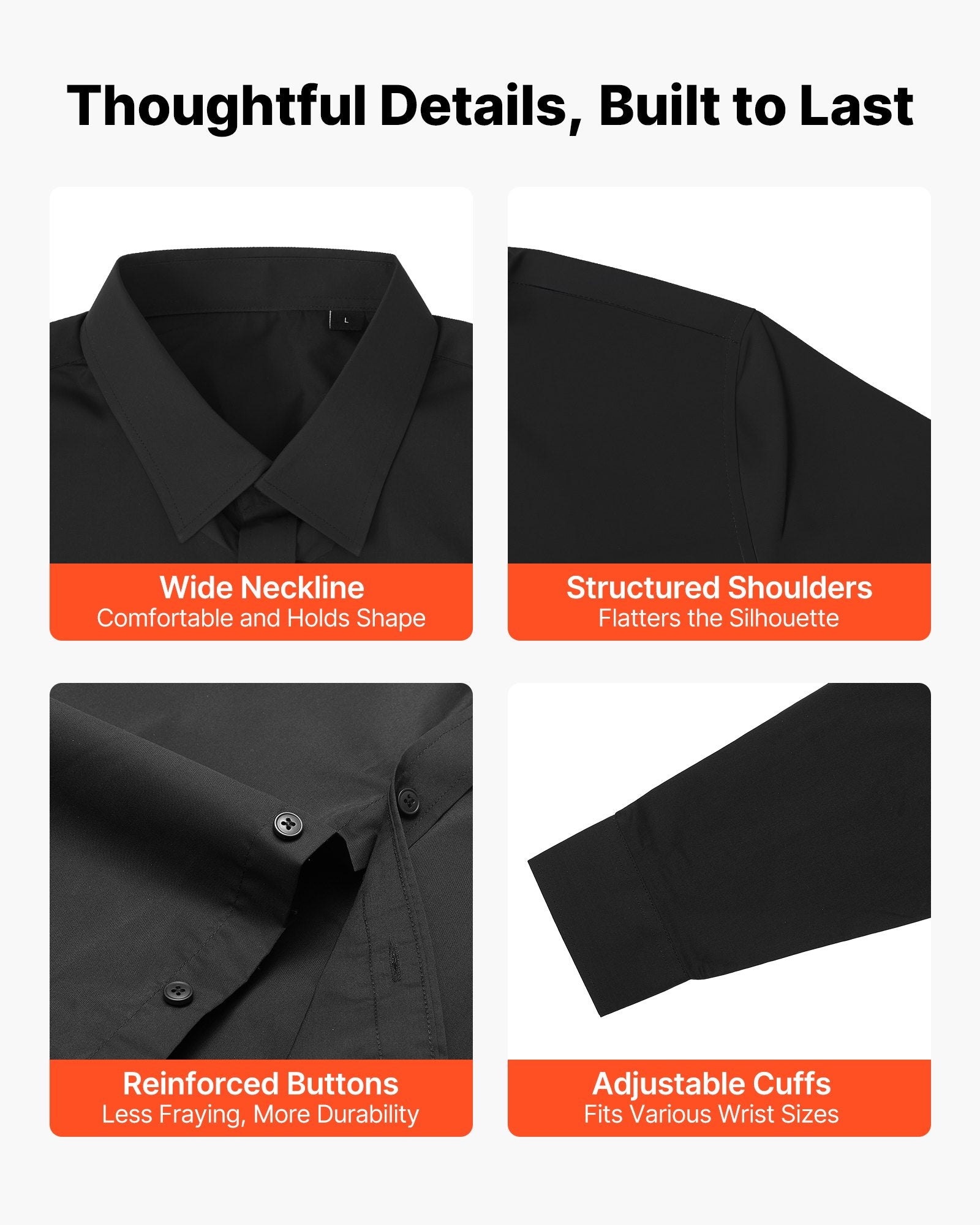 Men's Black Slim Fit Button-Up Shirt - Long Sleeve, Wrinkle-Free, Soft Stretch Fabric for Business, Formal, Wedding, Dinner, Versatile Style