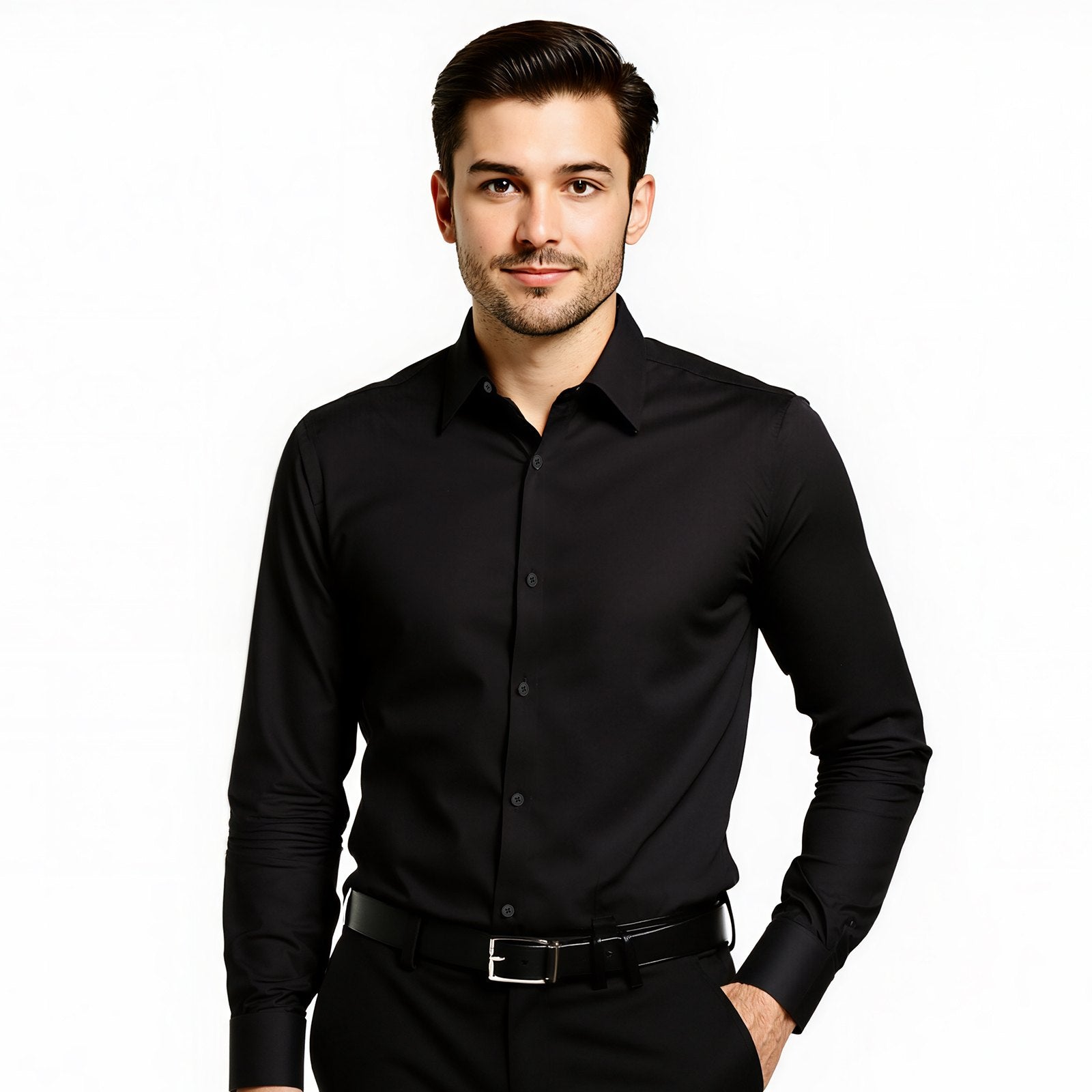 Men's Black Slim Fit Button-Up Shirt - Long Sleeve, Wrinkle-Free, Soft Stretch Fabric for Business, Formal, Wedding, Dinner, Versatile Style