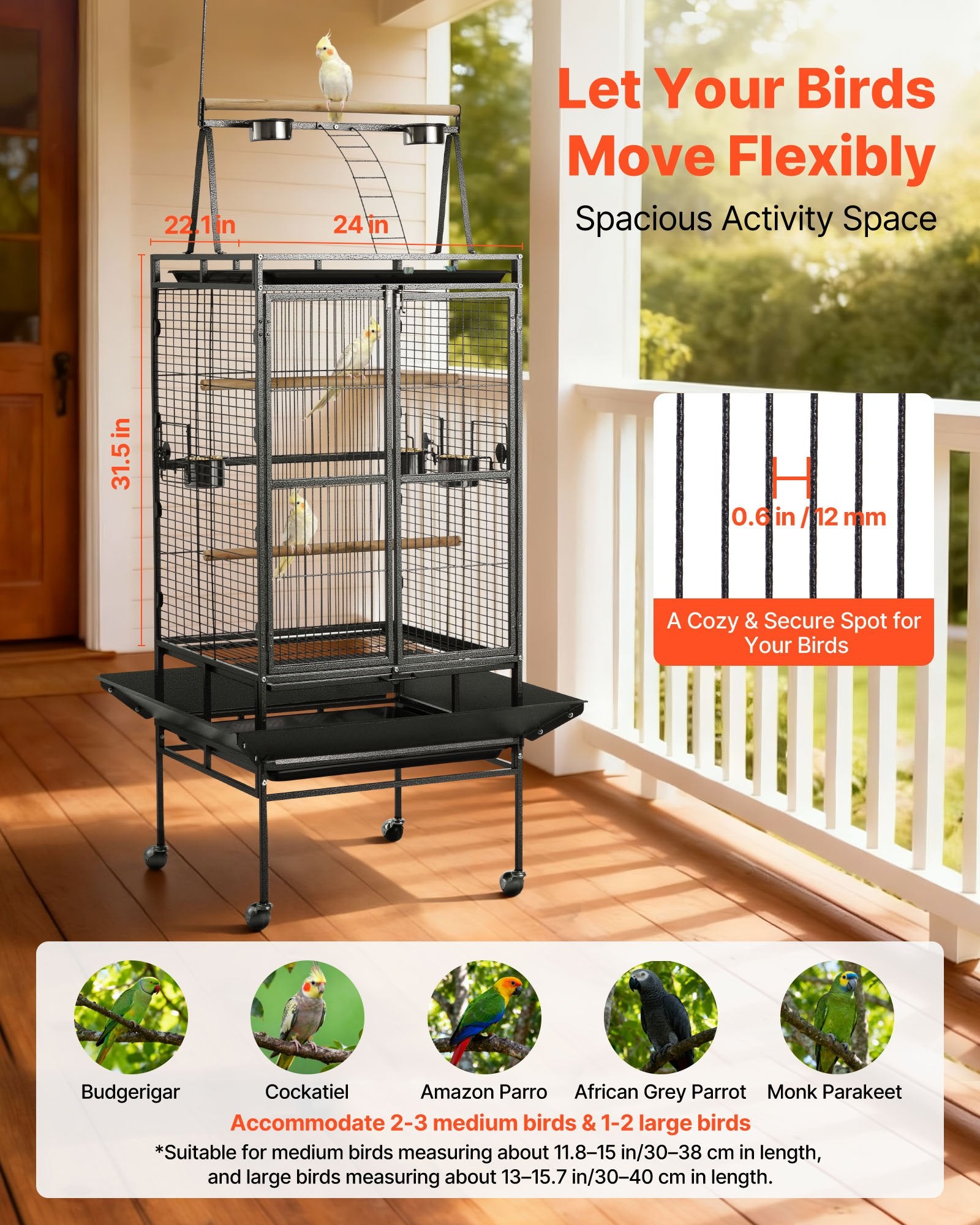 Spacious Wrought Iron Bird Cage, 32.7"x31.1"x82.7" with Perches, Slide-Out Tray, Plastic Feeders for Parrots & Cockatiels, Easy Assembly