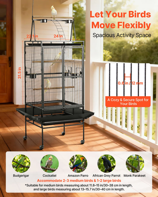 Spacious Wrought Iron Bird Cage, 32.7"x31.1"x82.7" with Perches, Slide-Out Tray, Plastic Feeders for Parrots & Cockatiels, Easy Assembly