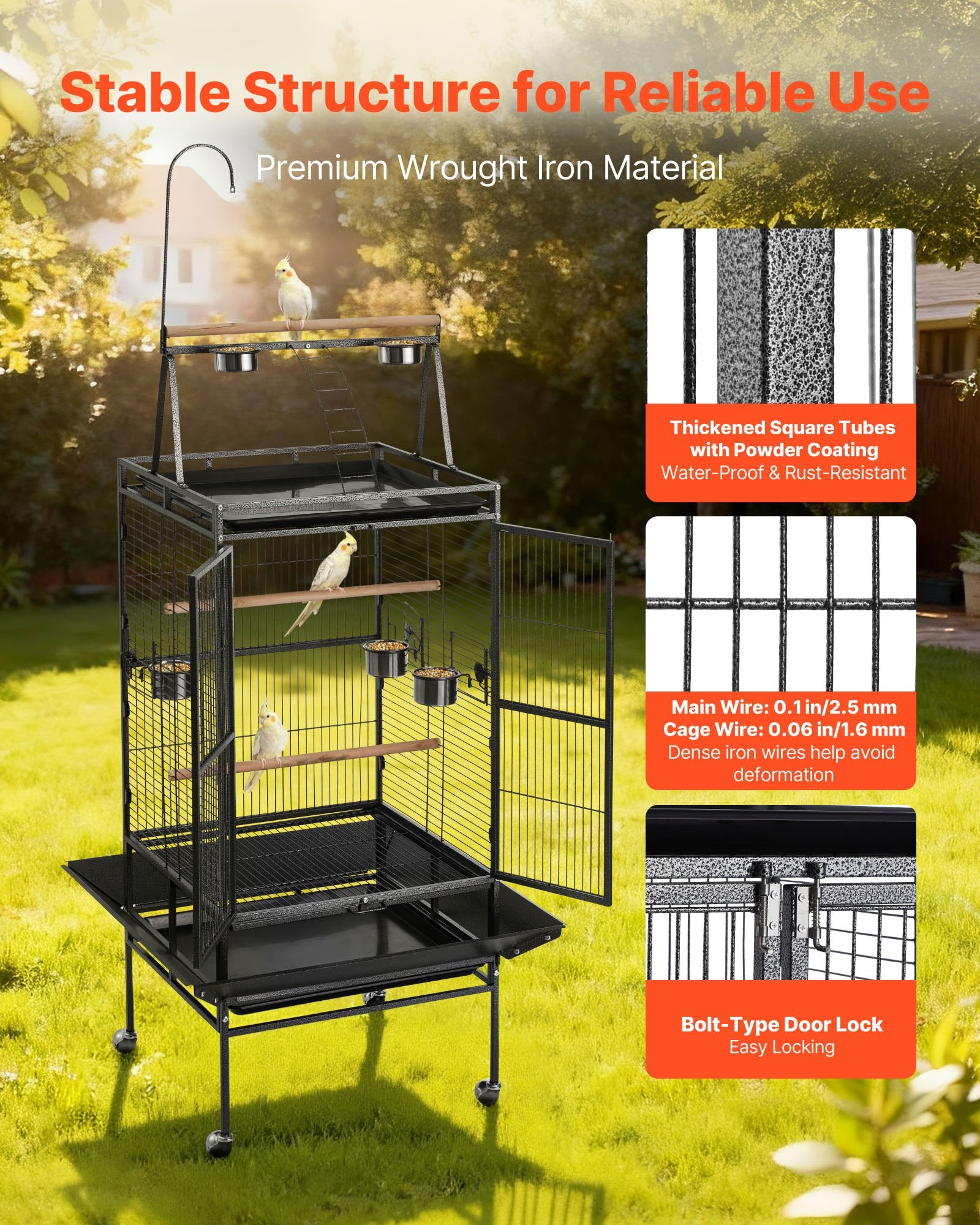 Spacious Wrought Iron Bird Cage, 32.7"x31.1"x82.7" with Perches, Slide-Out Tray, Plastic Feeders for Parrots & Cockatiels, Easy Assembly