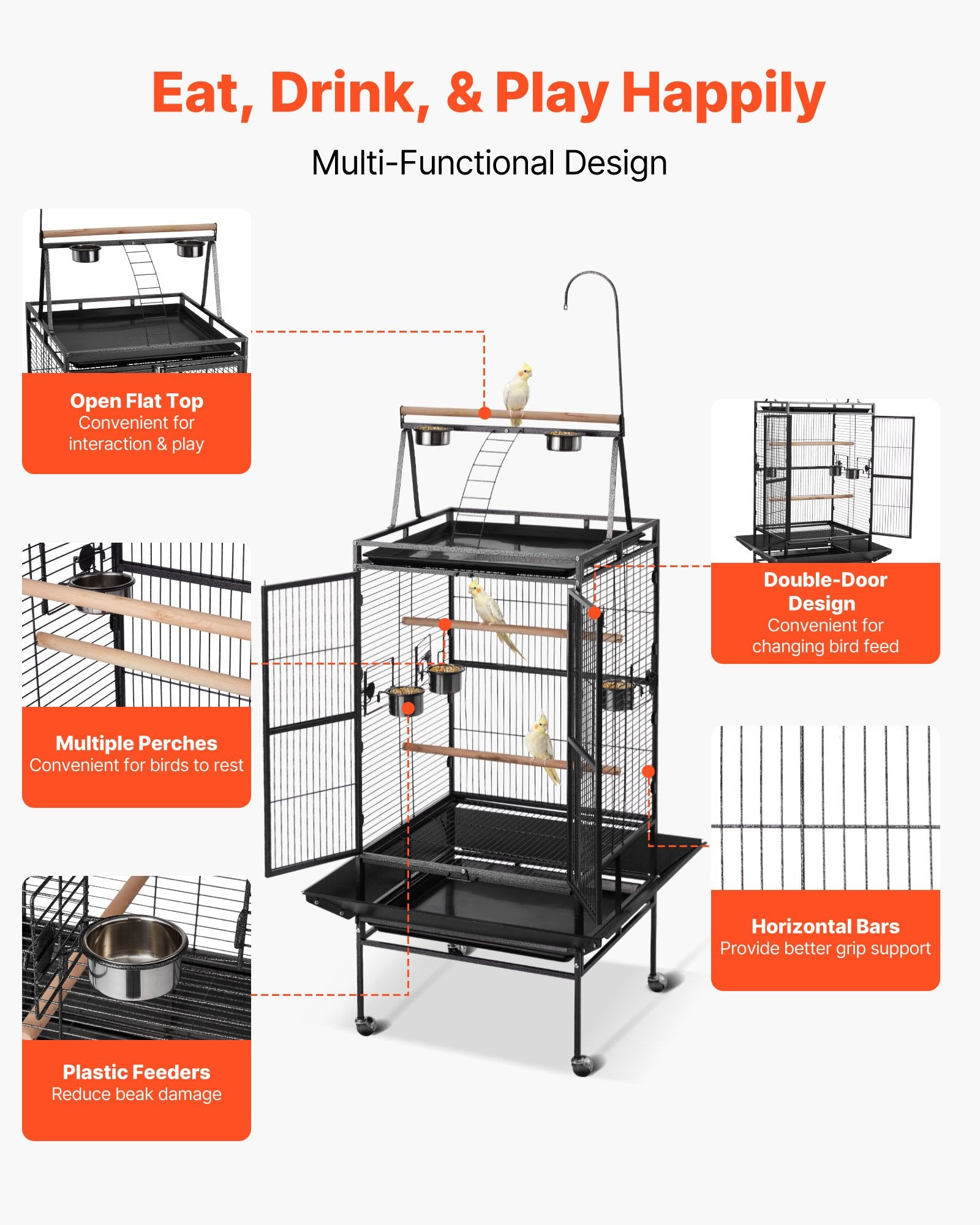 Spacious Wrought Iron Bird Cage, 32.7"x31.1"x82.7" with Perches, Slide-Out Tray, Plastic Feeders for Parrots & Cockatiels, Easy Assembly