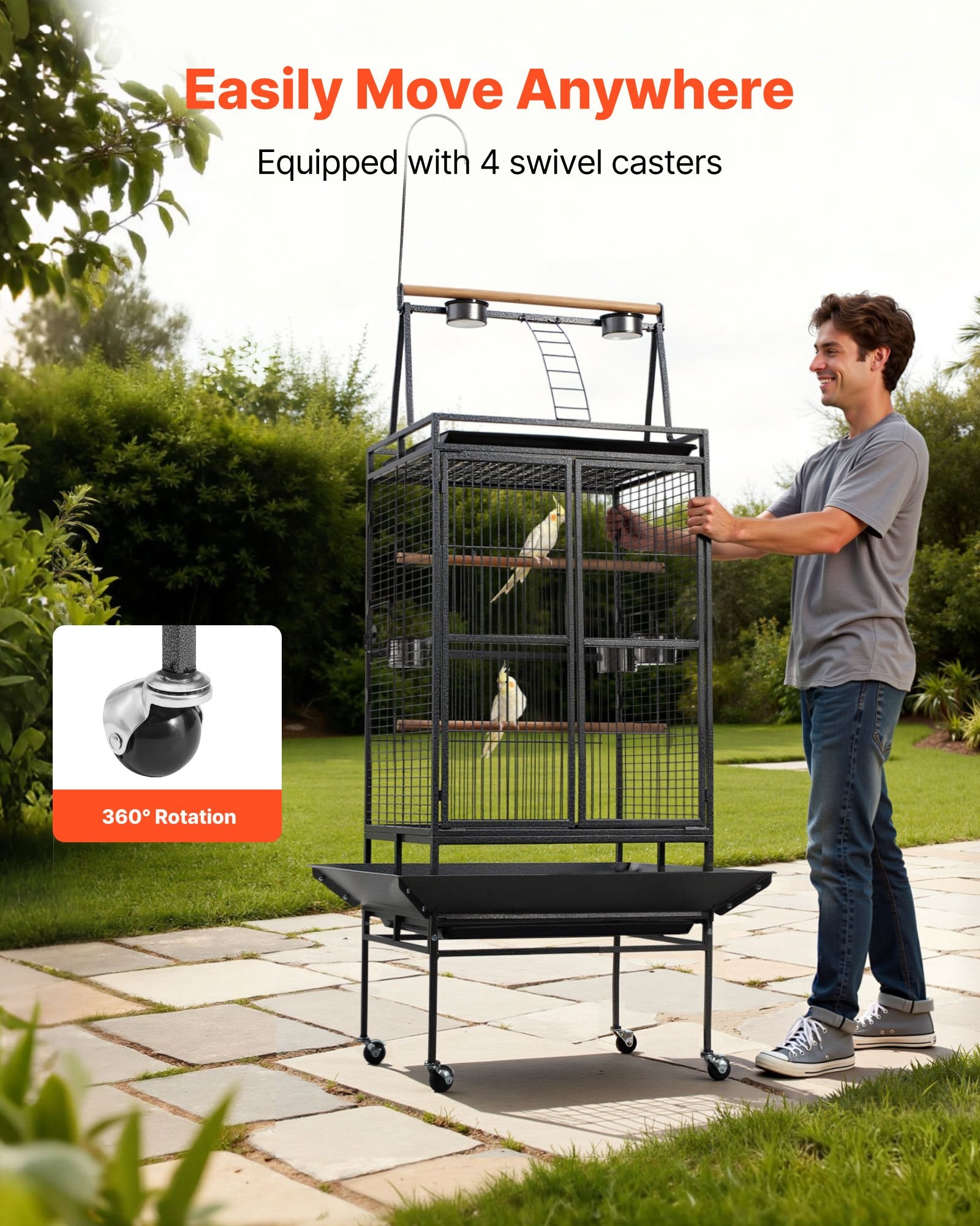 Spacious Wrought Iron Bird Cage, 32.7"x31.1"x82.7" with Perches, Slide-Out Tray, Plastic Feeders for Parrots & Cockatiels, Easy Assembly