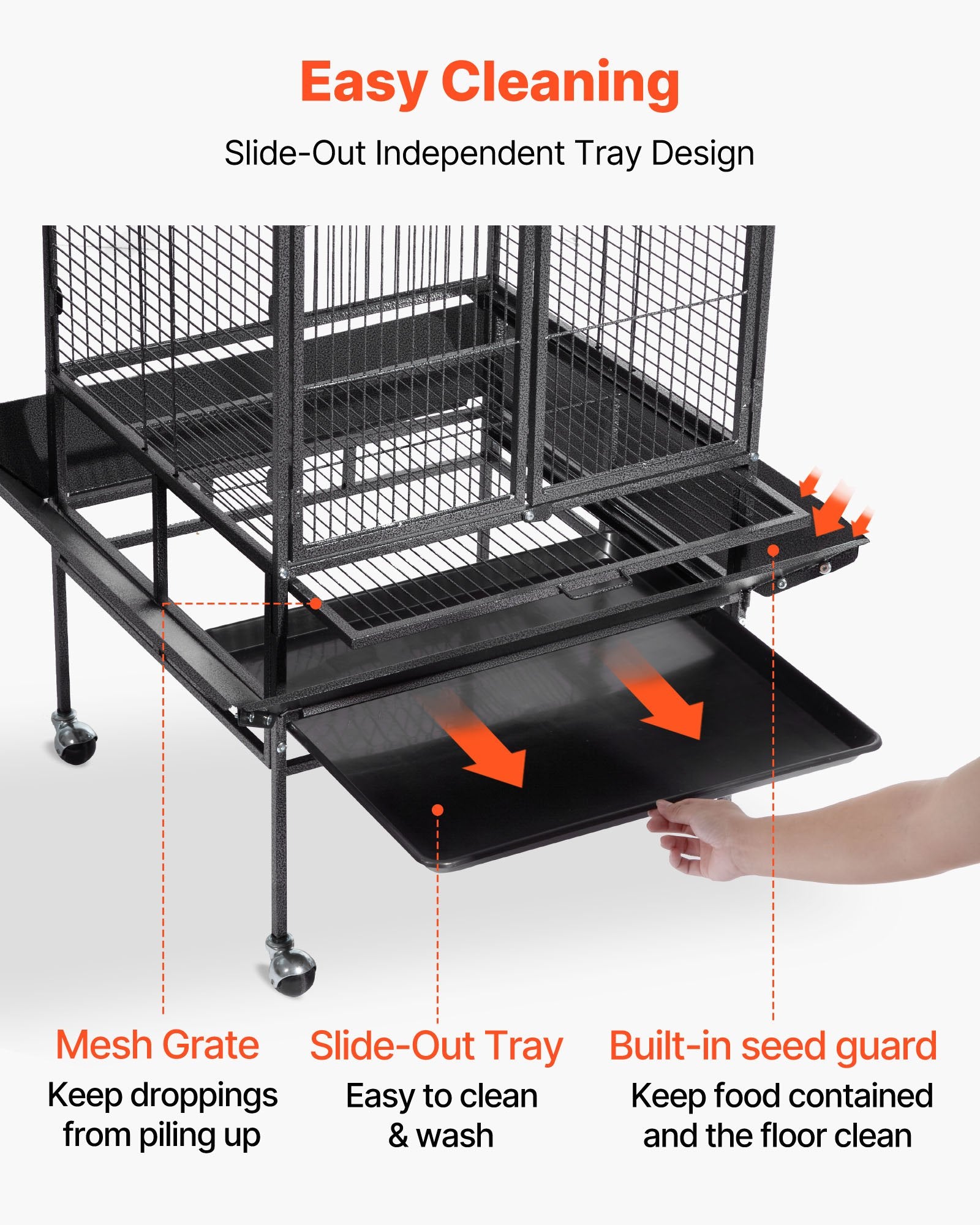 Spacious Wrought Iron Bird Cage, 32.7"x31.1"x82.7" with Perches, Slide-Out Tray, Plastic Feeders for Parrots & Cockatiels, Easy Assembly