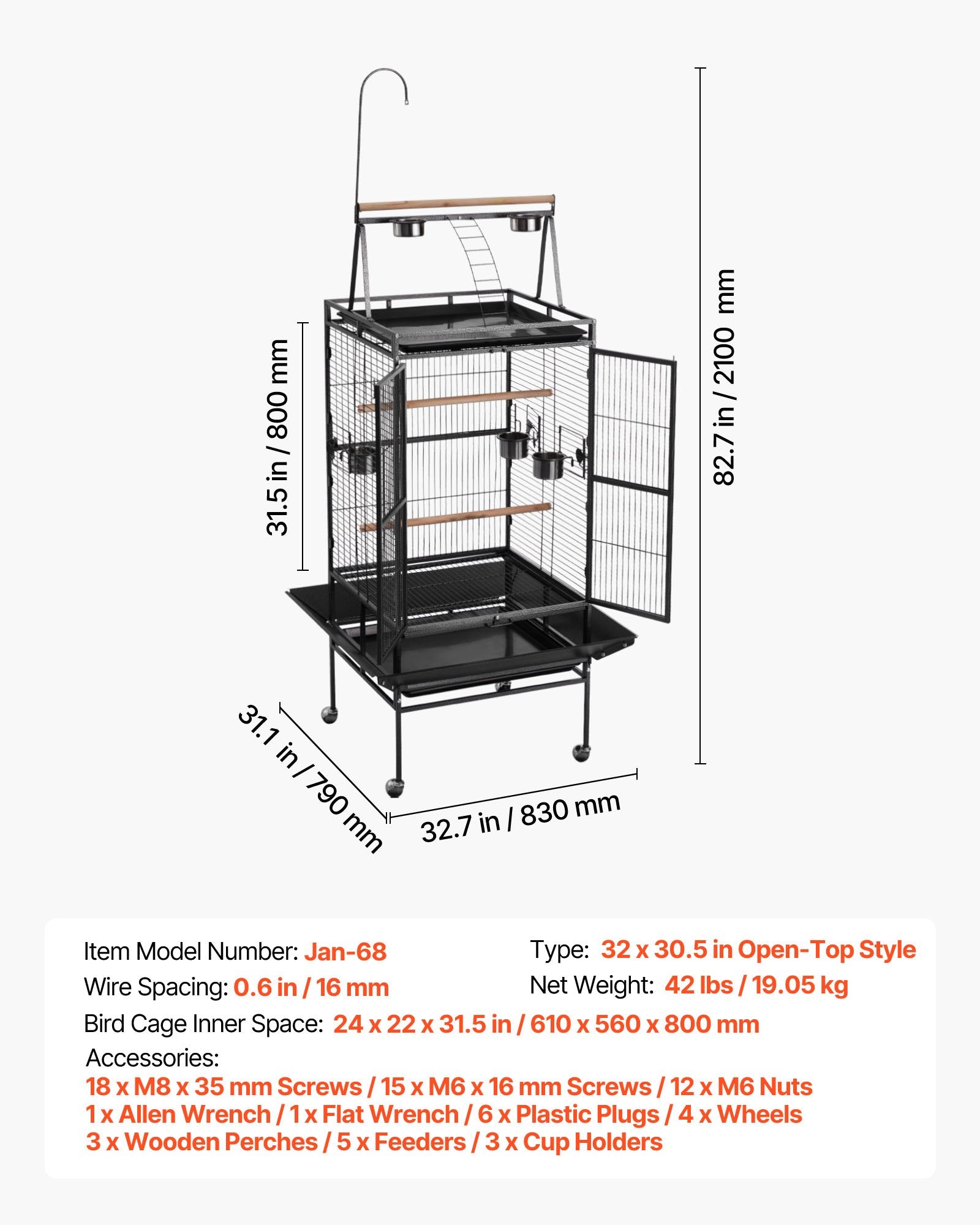 Spacious Wrought Iron Bird Cage, 32.7"x31.1"x82.7" with Perches, Slide-Out Tray, Plastic Feeders for Parrots & Cockatiels, Easy Assembly