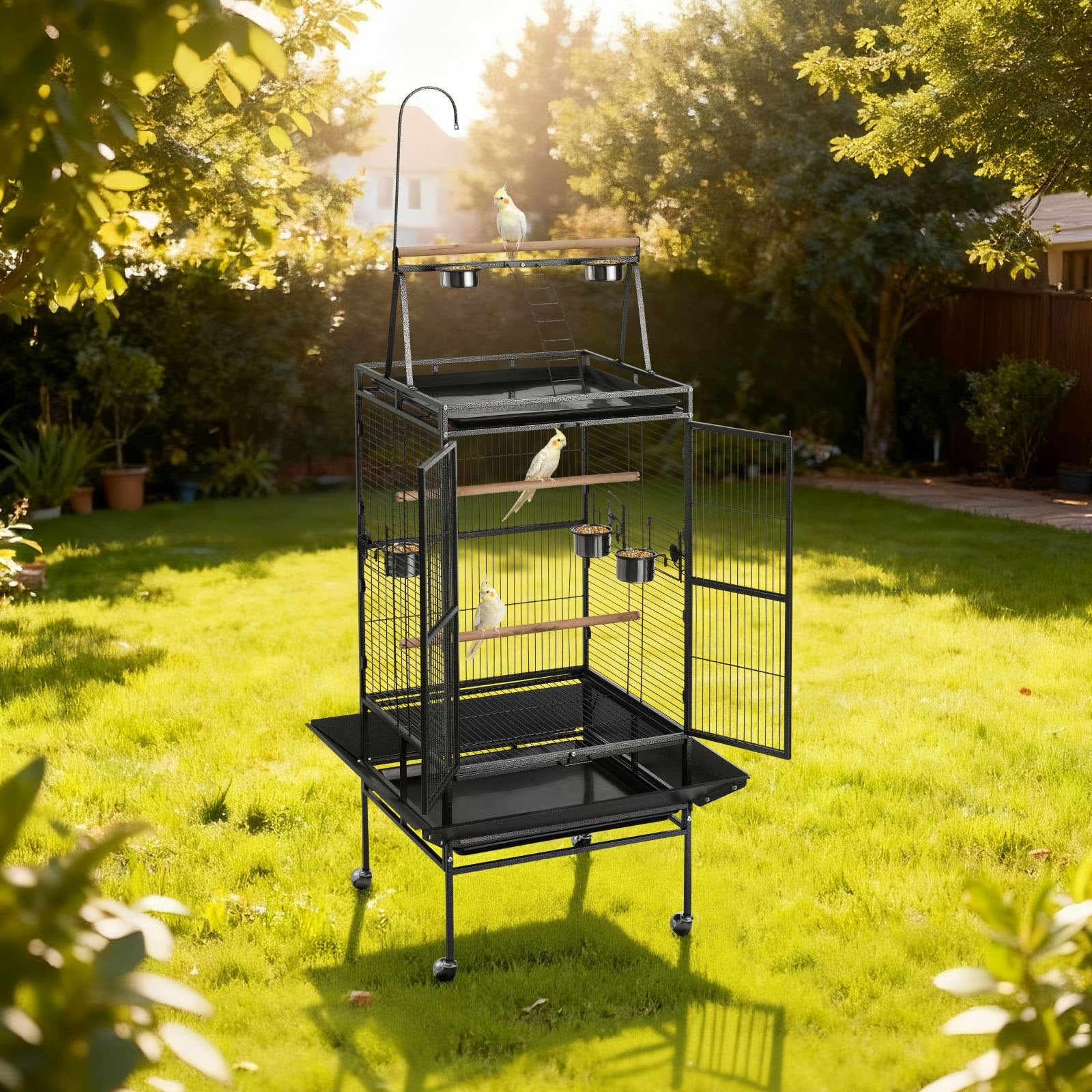 Spacious Wrought Iron Bird Cage, 32.7"x31.1"x82.7" with Perches, Slide-Out Tray, Plastic Feeders for Parrots & Cockatiels, Easy Assembly