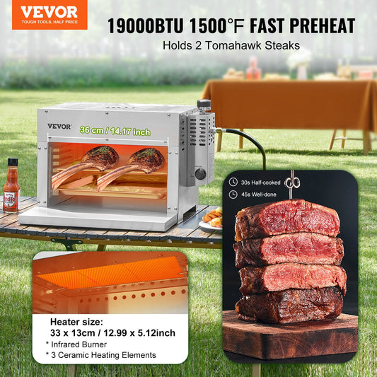 Portable Stainless Steel Propane Infrared Grill - 1500°F Broiler with Adjustable Racks for Steaks, BBQ, Toast & Outdoor Picnics