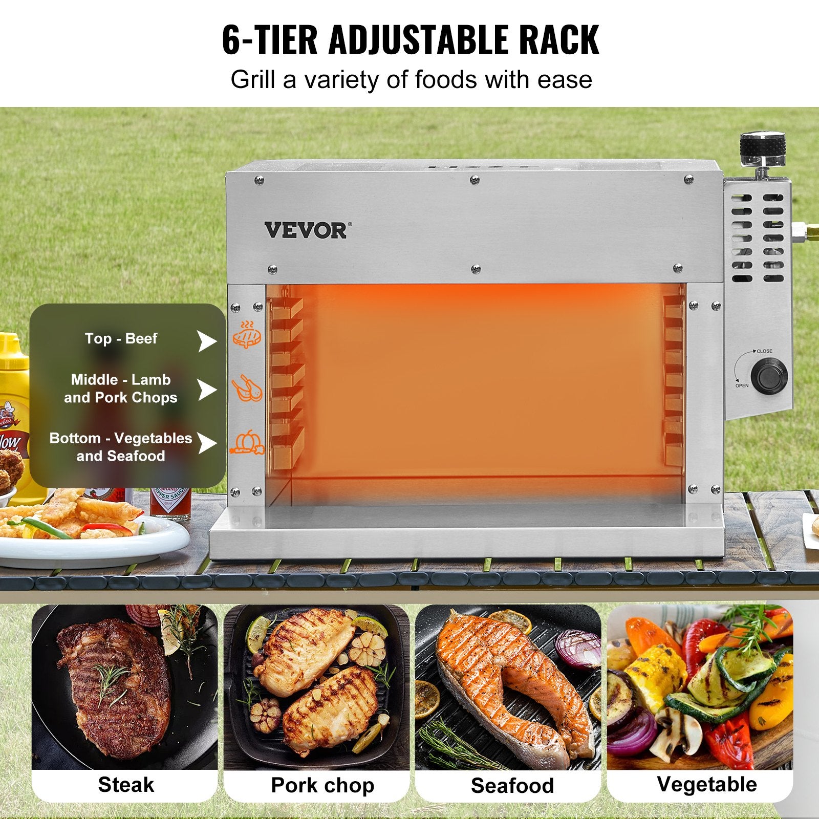 Portable Stainless Steel Propane Infrared Grill - 1500°F Broiler with Adjustable Racks for Steaks, BBQ, Toast & Outdoor Picnics